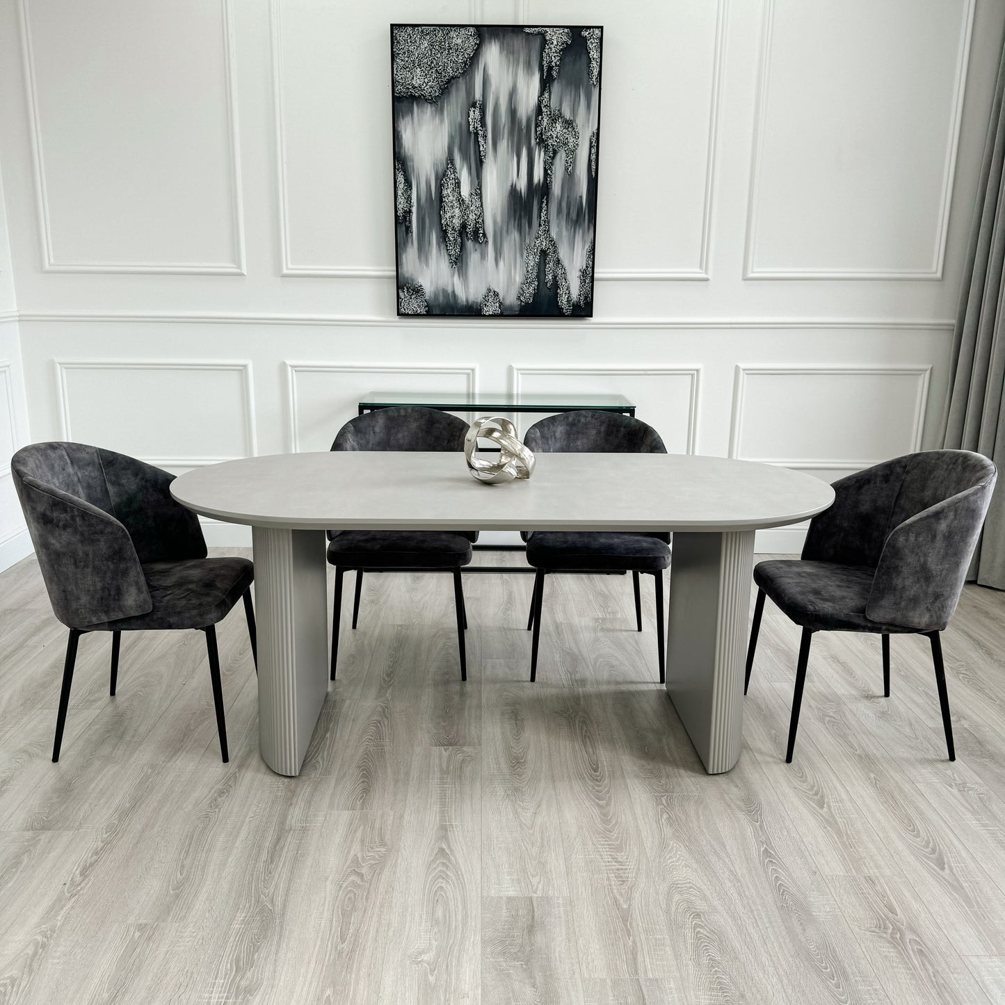 Light Grey Ribbed Wooden Dining Table with Curved Back Dark Grey Velvet Chairs