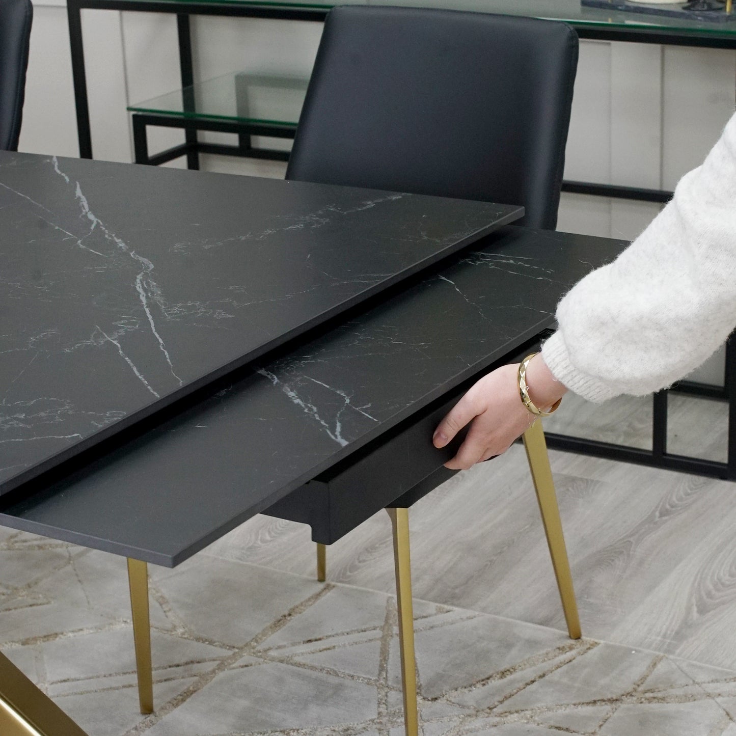 Black Matte Ceramic Marble Effect Extending Dining Table With Gold Base