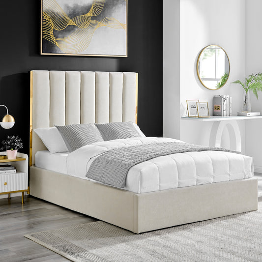 Chloe Beige Bed With Gold Metal Trim And Ottoman Storage