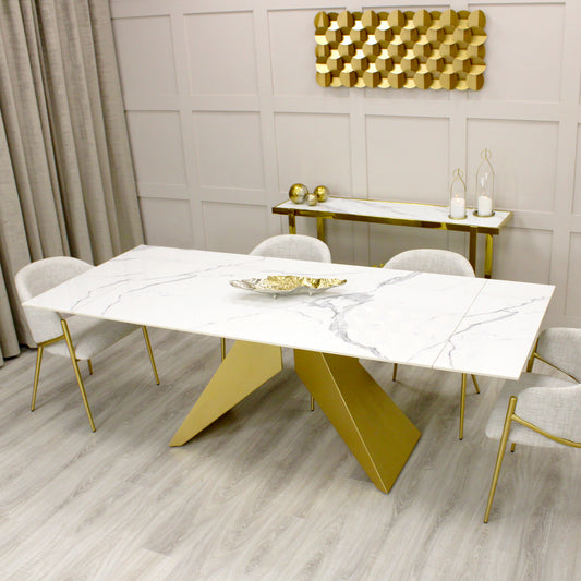 White Marble Effect Extending Dining Table Gold Base