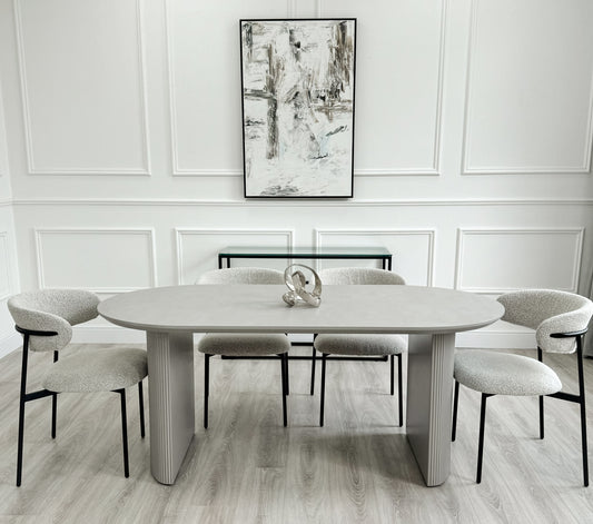 Light Grey Ribbed Wooden Dining Table with Light Grey Slimline Boucle Chairs