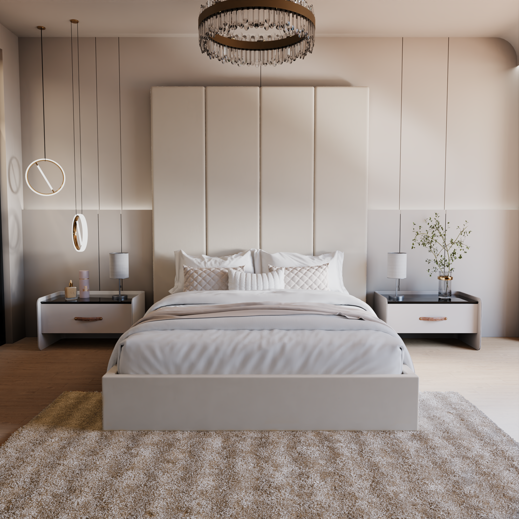 Cream Velvet Wall Panel Bed with Ottoman Storage King Size