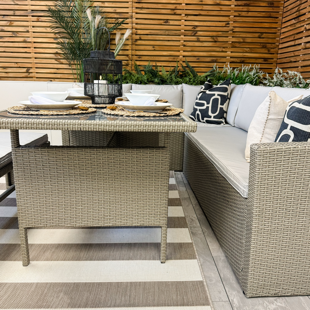 Vegas 9 Seater Greige Garden Rattan Corner Dining Set & Bench