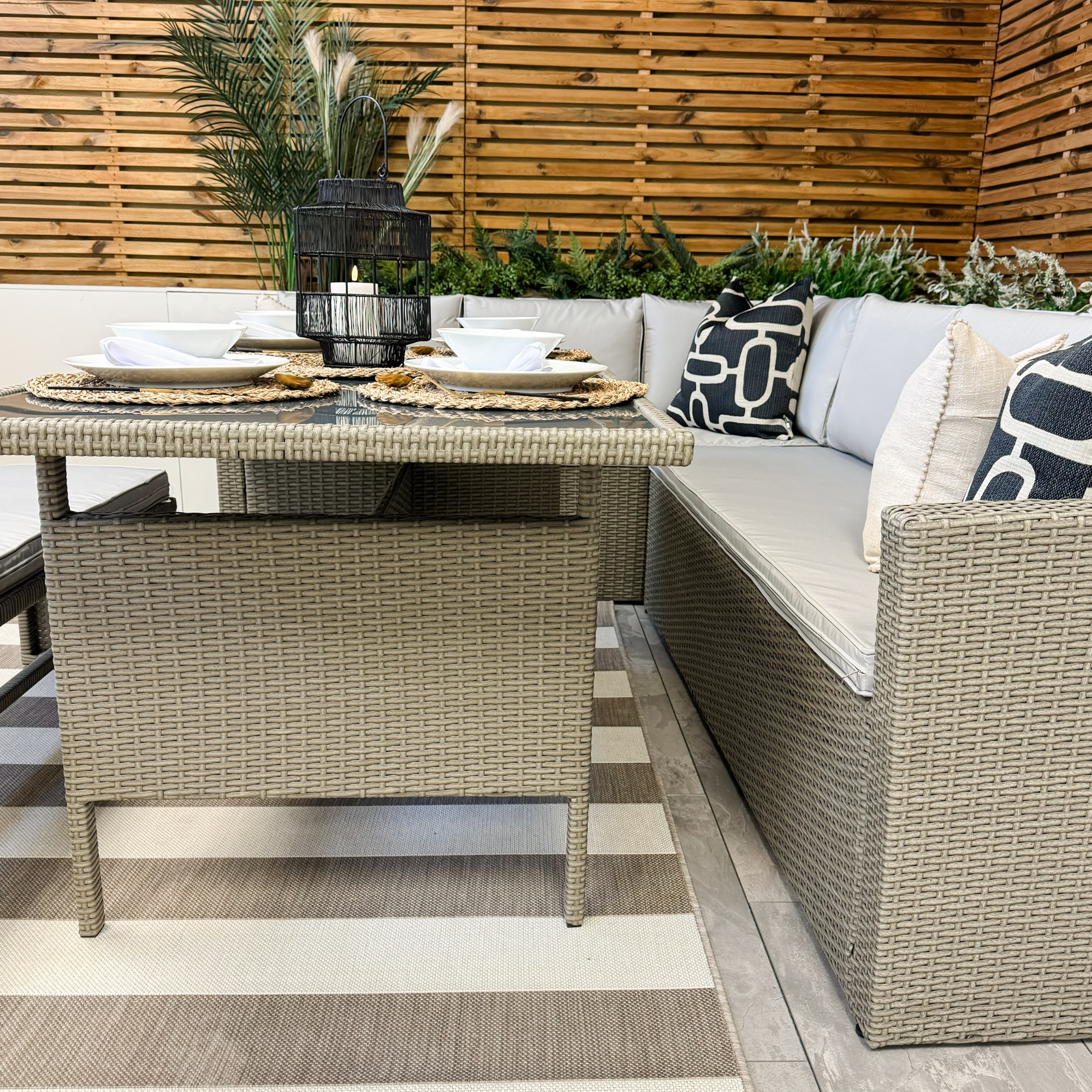 Vegas 9 Seater Greige Garden Rattan Corner Dining Set & Bench