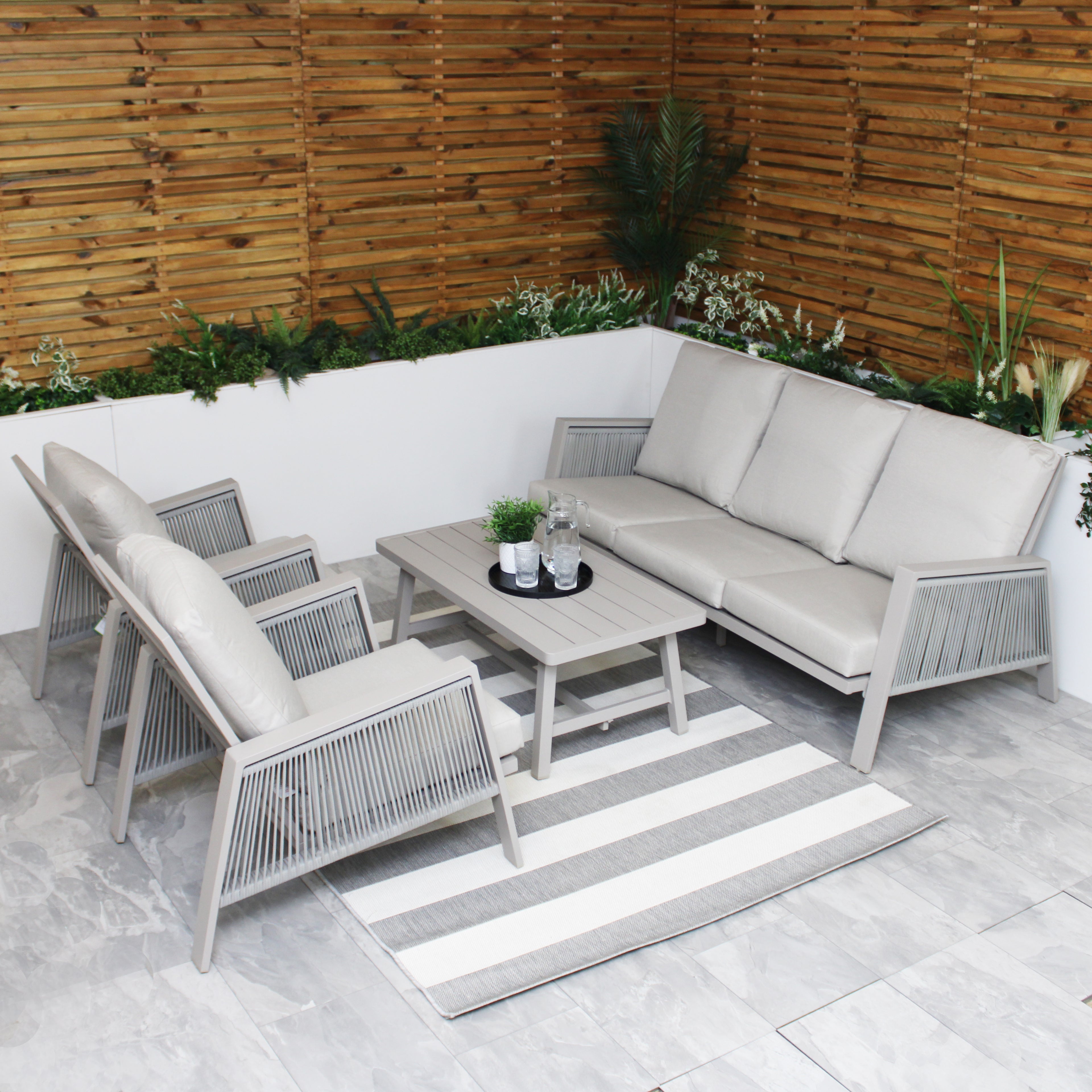 Sicily Beige Aluminium 5 Seater Sofa Set With Beige Cushions