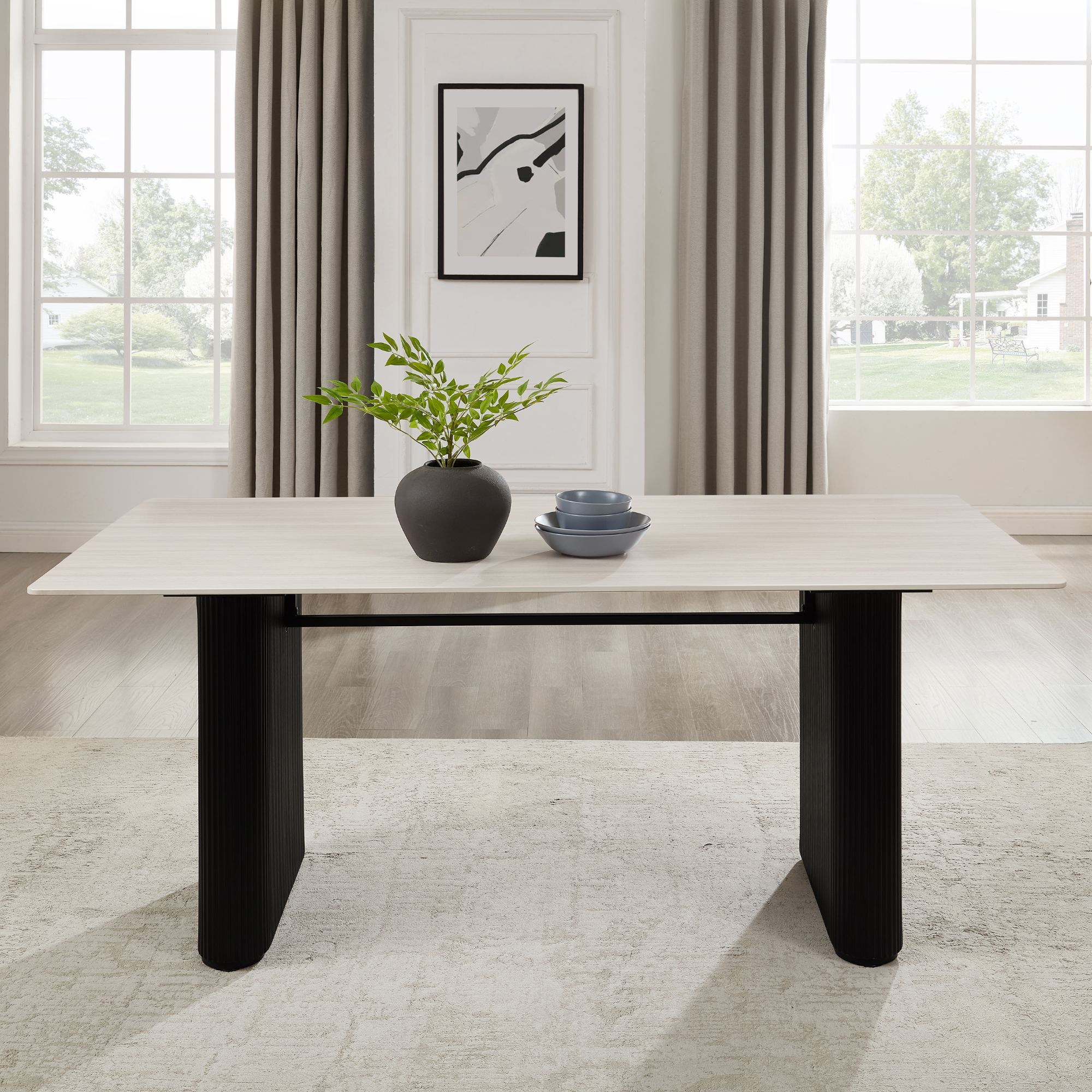 Siena White Ceramic Dining Table with Black Ribbed Base