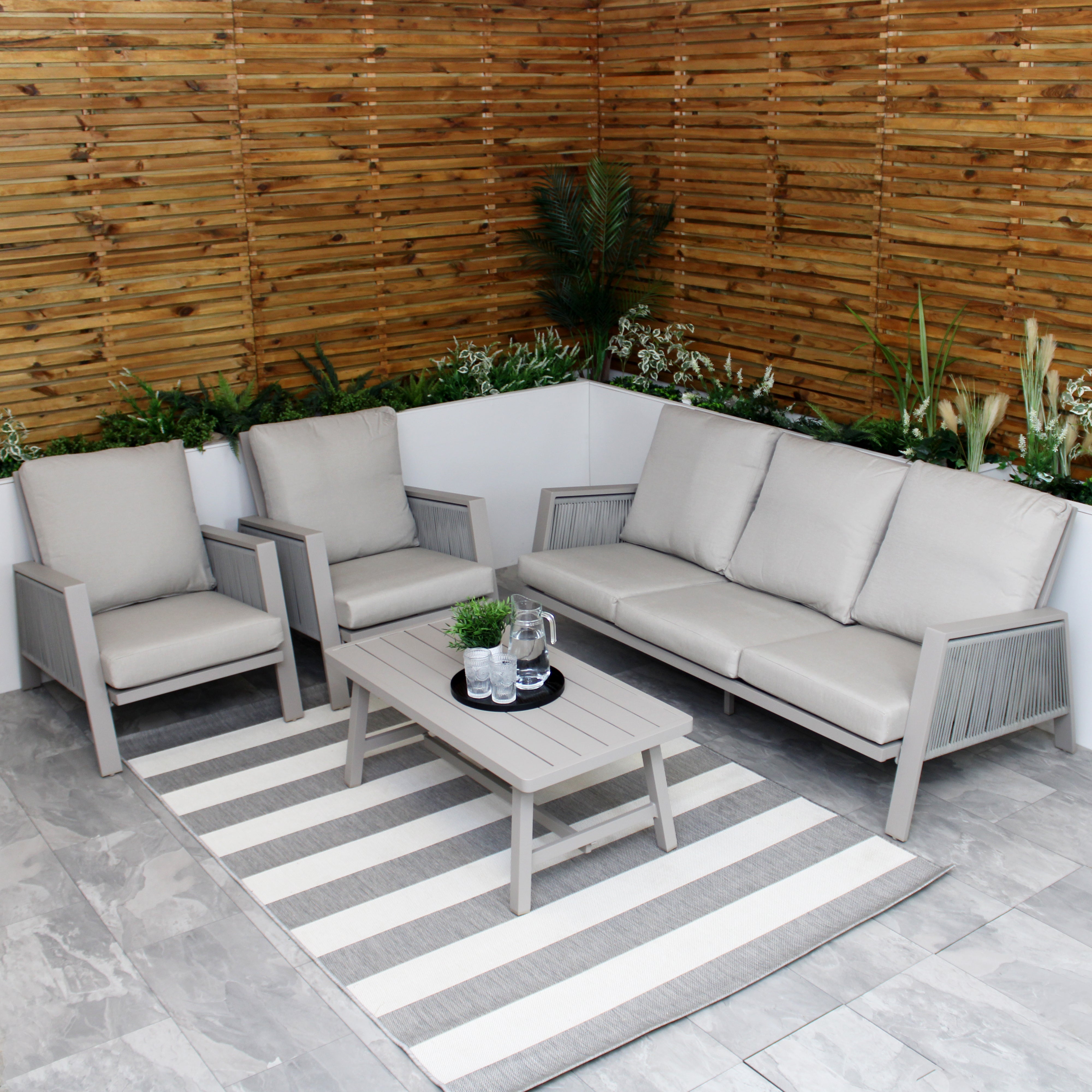 Sicily Beige Aluminium 5 Seater Sofa Set With Beige Cushions