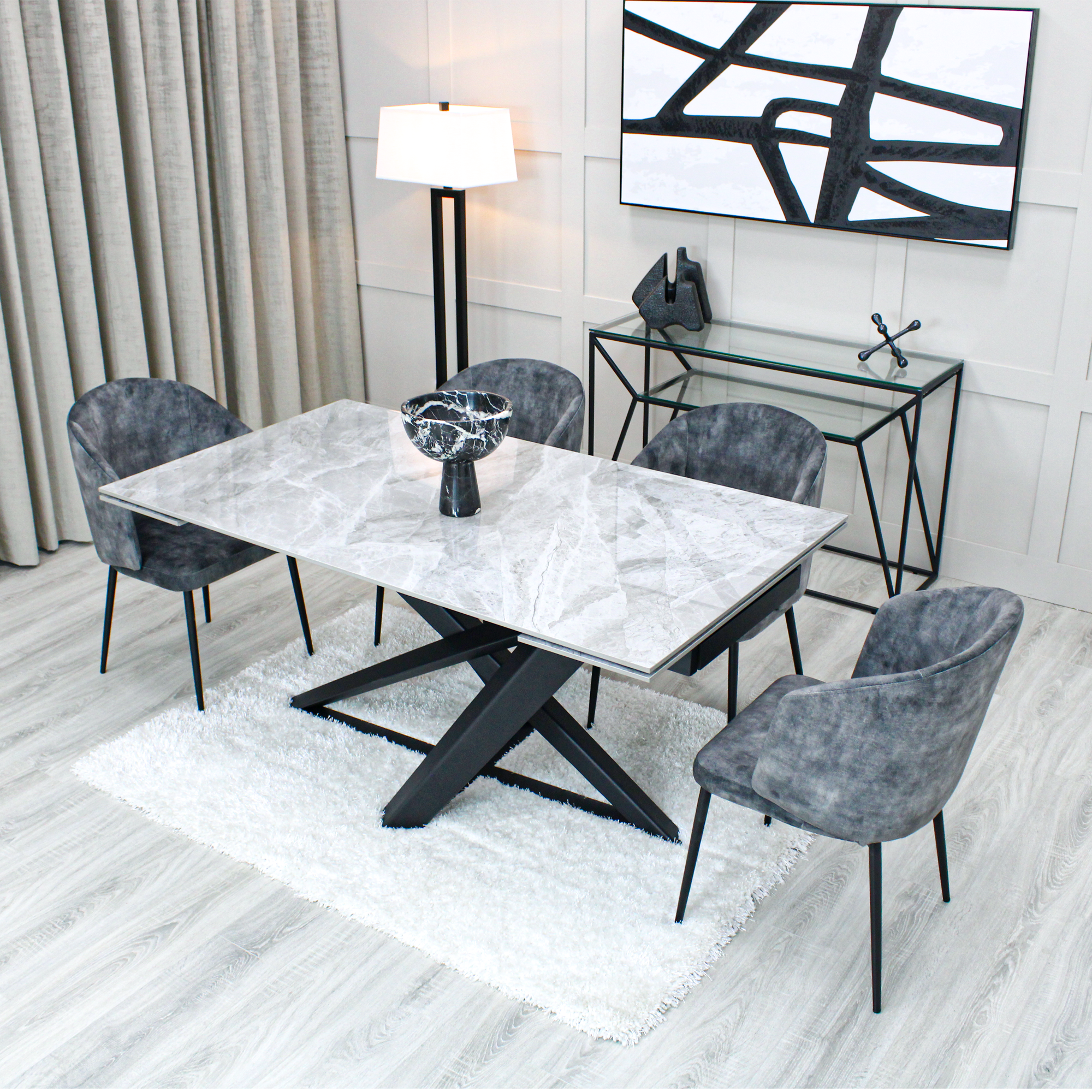 Light Grey Ceramic Marble Effect Extending Dining Table with Dark Grey Velvet Dining Chairs