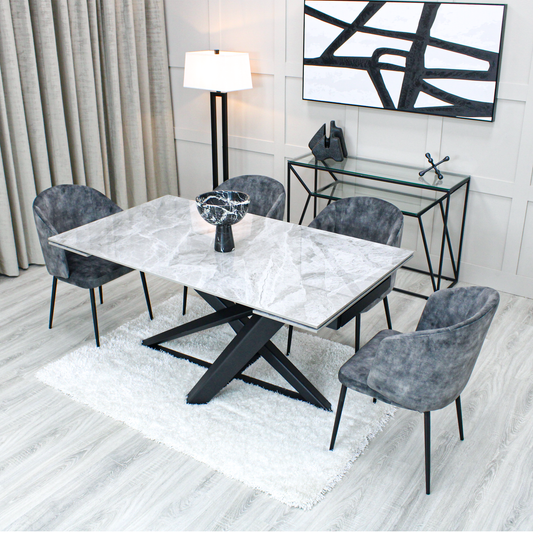 Light Grey Ceramic Marble Effect Extending Dining Table with Dark Grey Velvet Dining Chairst