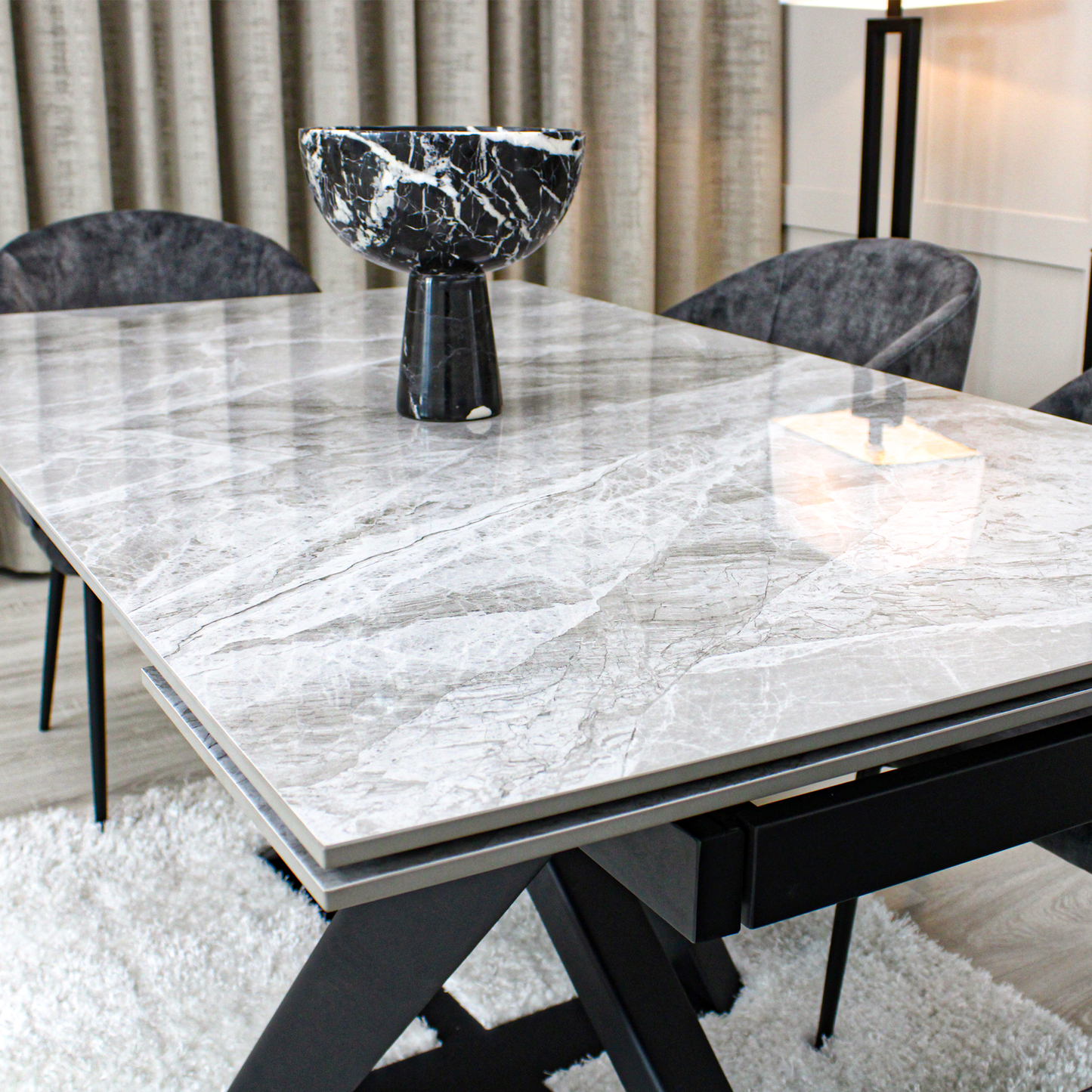 Light Grey Ceramic Marble Effect Extending Dining Table with Dark Grey Velvet Dining Chairst