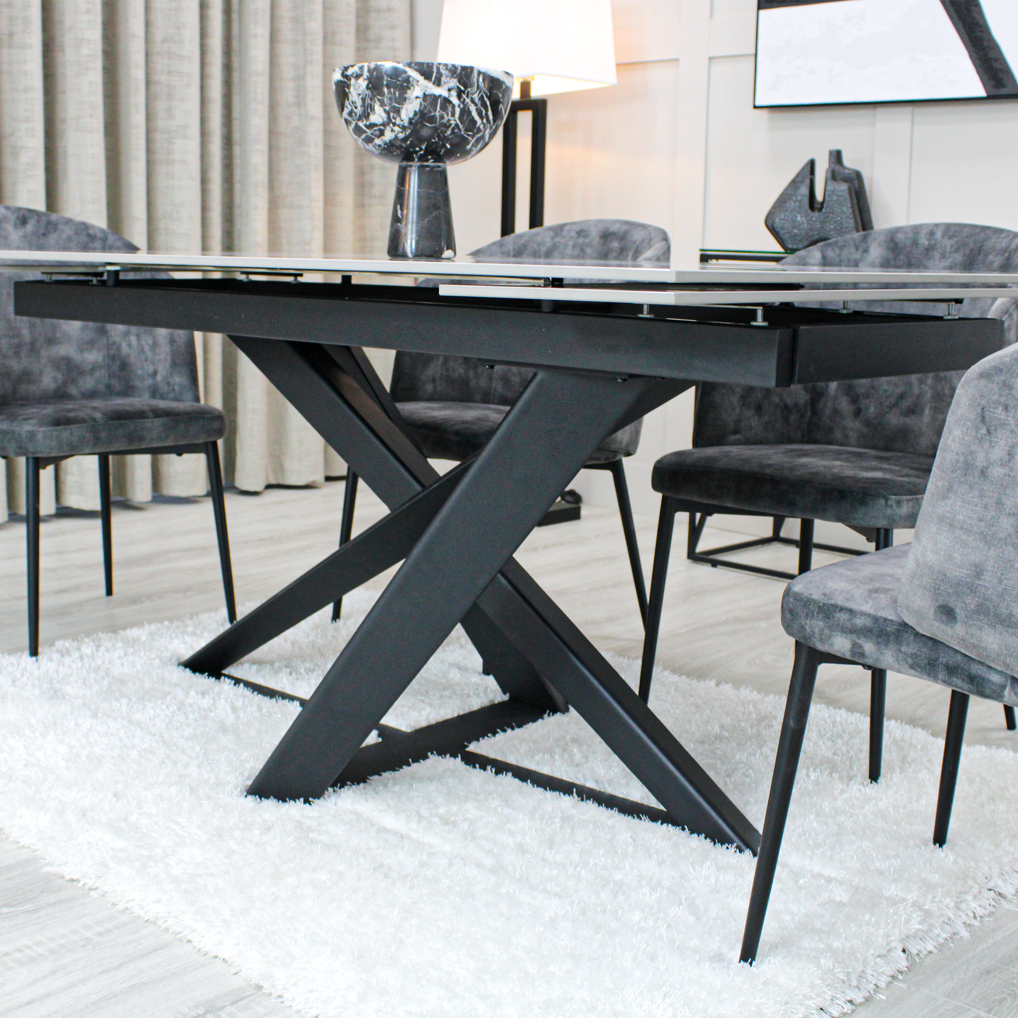 Light Grey Ceramic Marble Effect Extending Dining Table with Dark Grey Velvet Dining Chairs