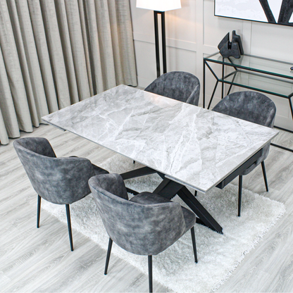 Light Grey Ceramic Marble Effect Extending Dining Table with Dark Grey Velvet Dining Chairst