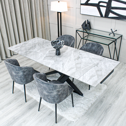 Light Grey Ceramic Marble Effect Extending Dining Table with Dark Grey Velvet Dining Chairst