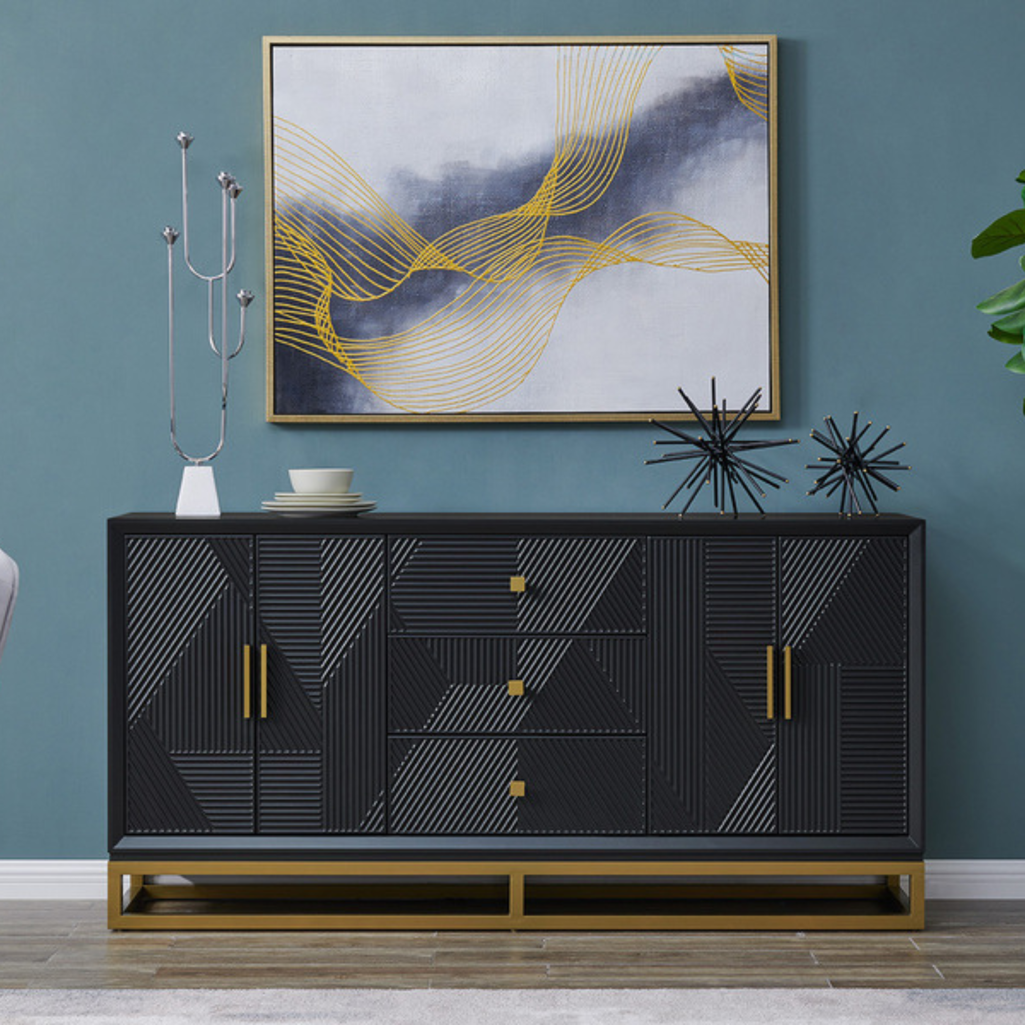 Genoa Black Matte Geometric Sideboard with Gold Metal Accents