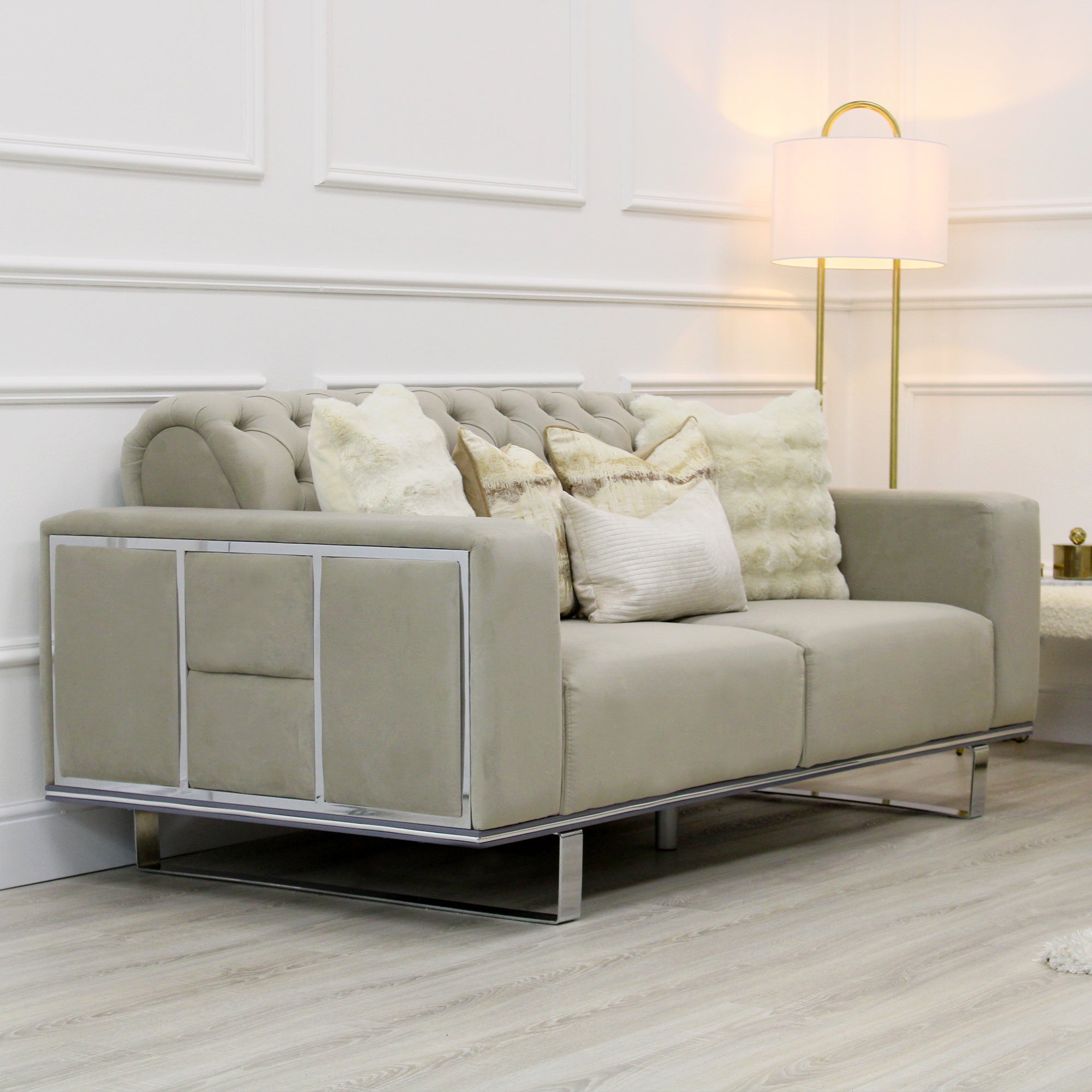 Eliza Light Grey Velvet 2 Seater Sofa With Silver Trim