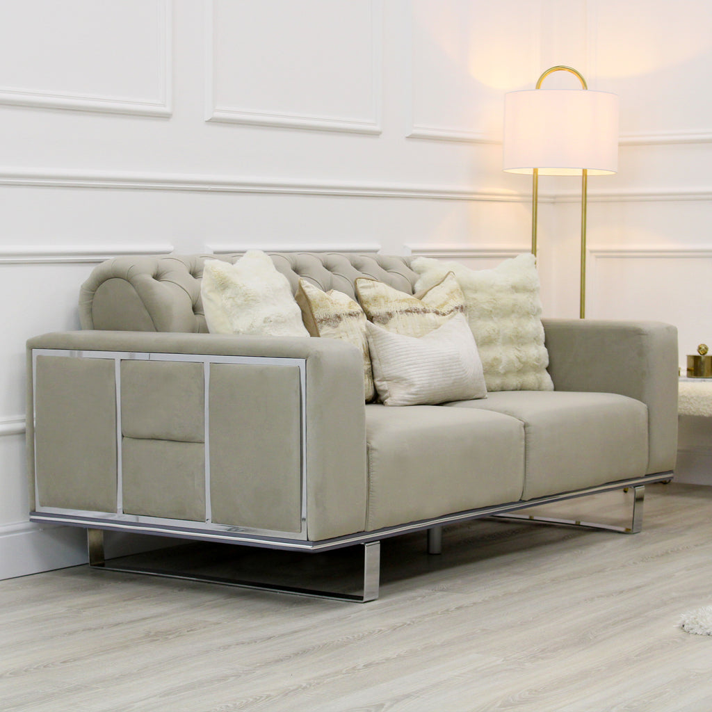 Eliza Light Grey Velvet 2 Seater Sofa With Silver Trim