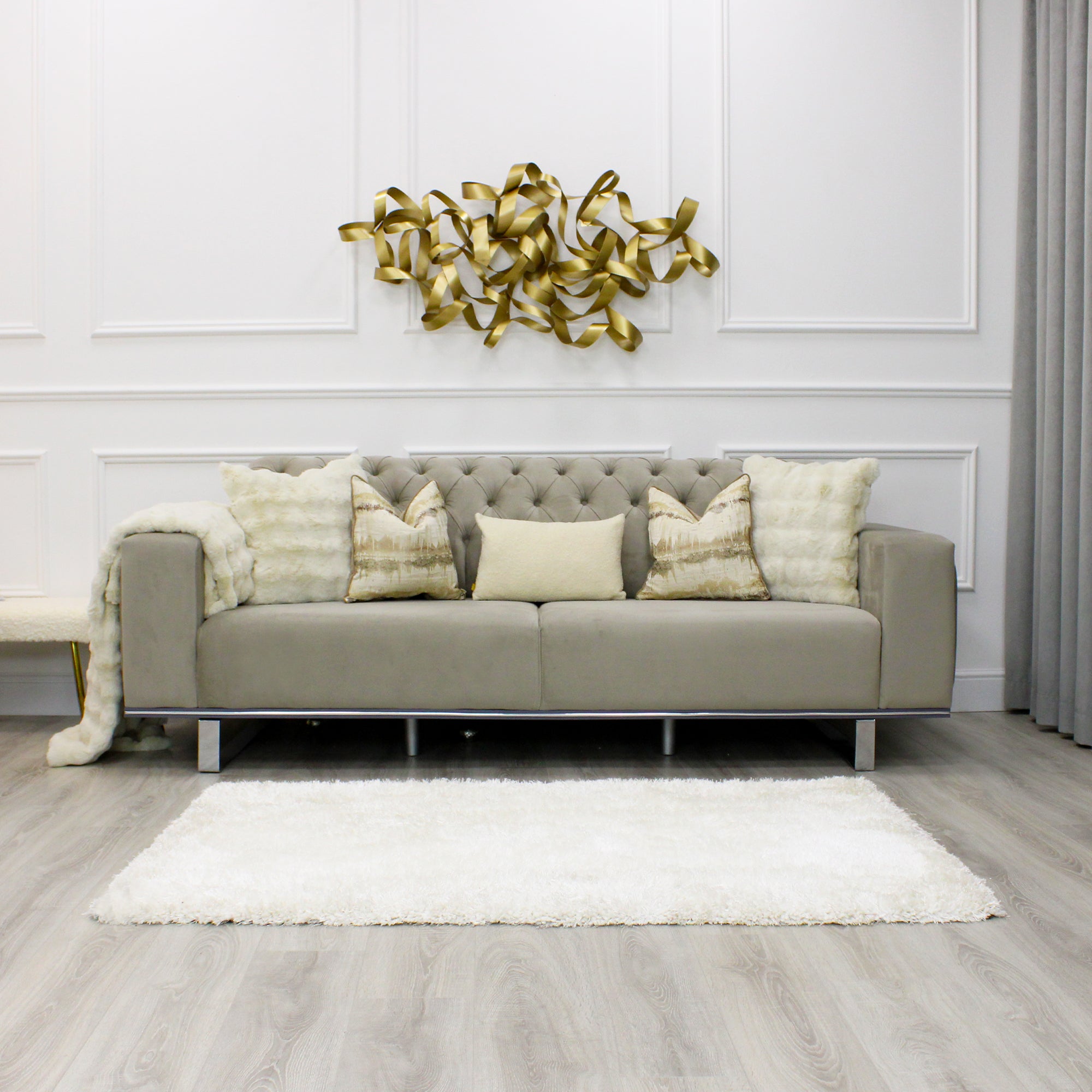 Eliza Light Grey Velvet 3 Seater Sofa With Silver Trim