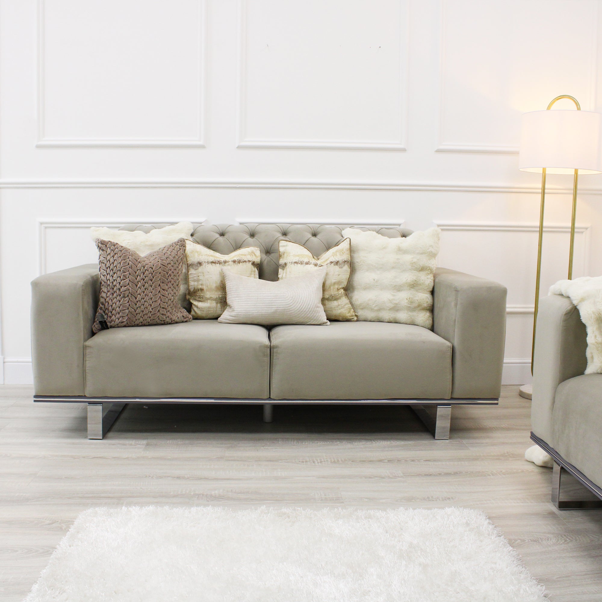 Eliza Light Grey Velvet 2 Seater Sofa With Silver Trim