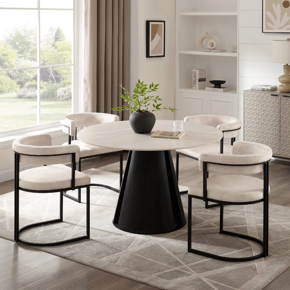 Maya Round Light Cream Ceramic Dining Set With 4 Mia Cream Chairs