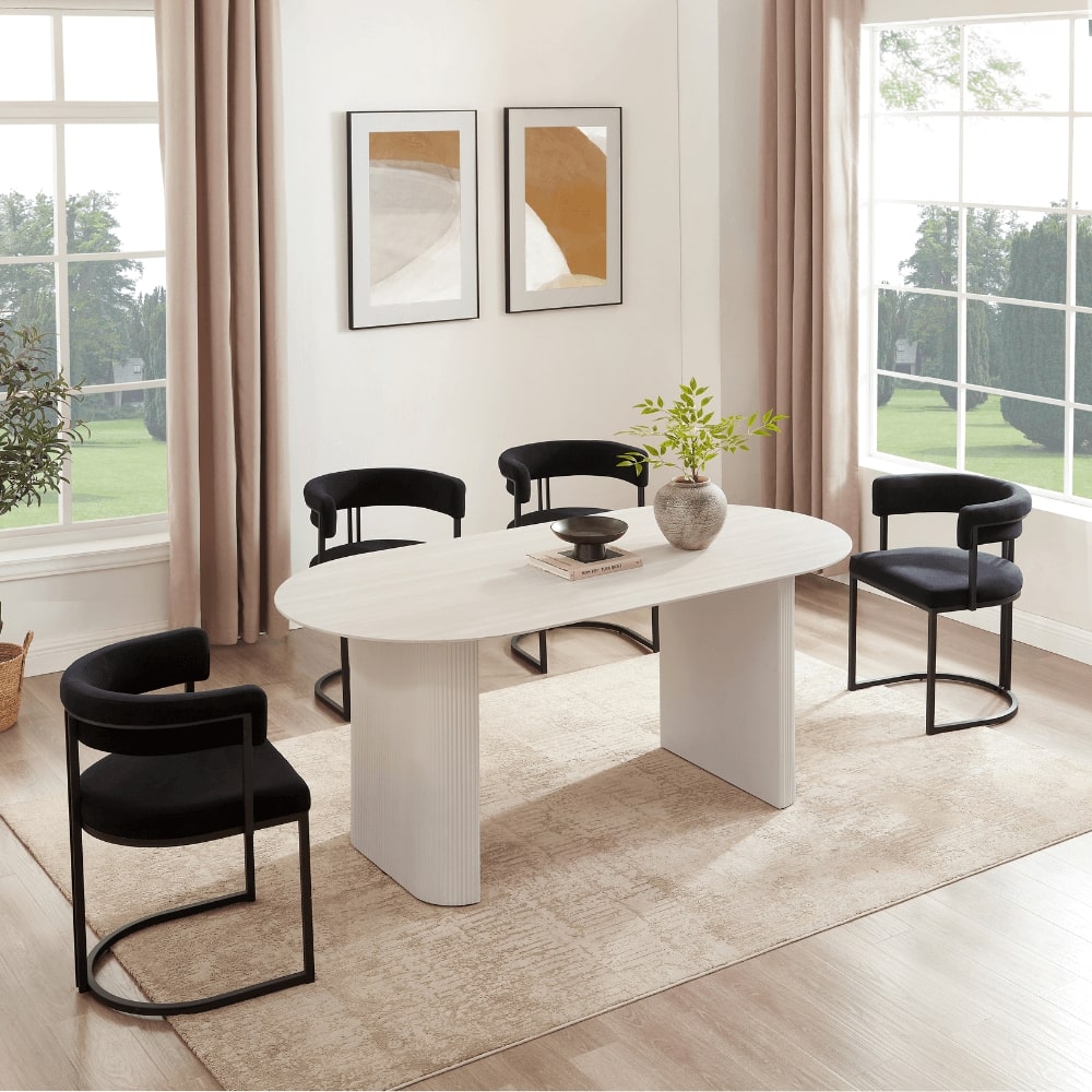Sofia White Ceramic Dining Set With 6 Mia Black Chairs
