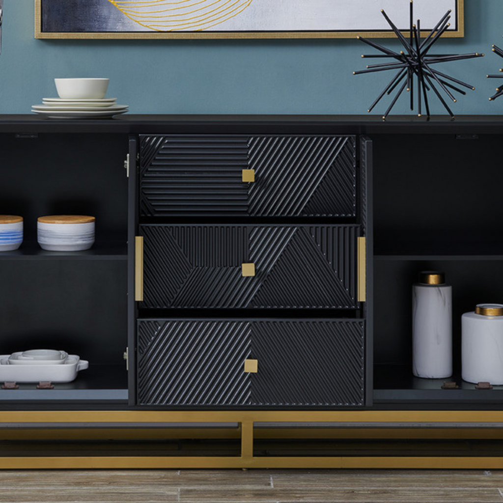 Genoa Black Matte Geometric Sideboard with Gold Metal Accents