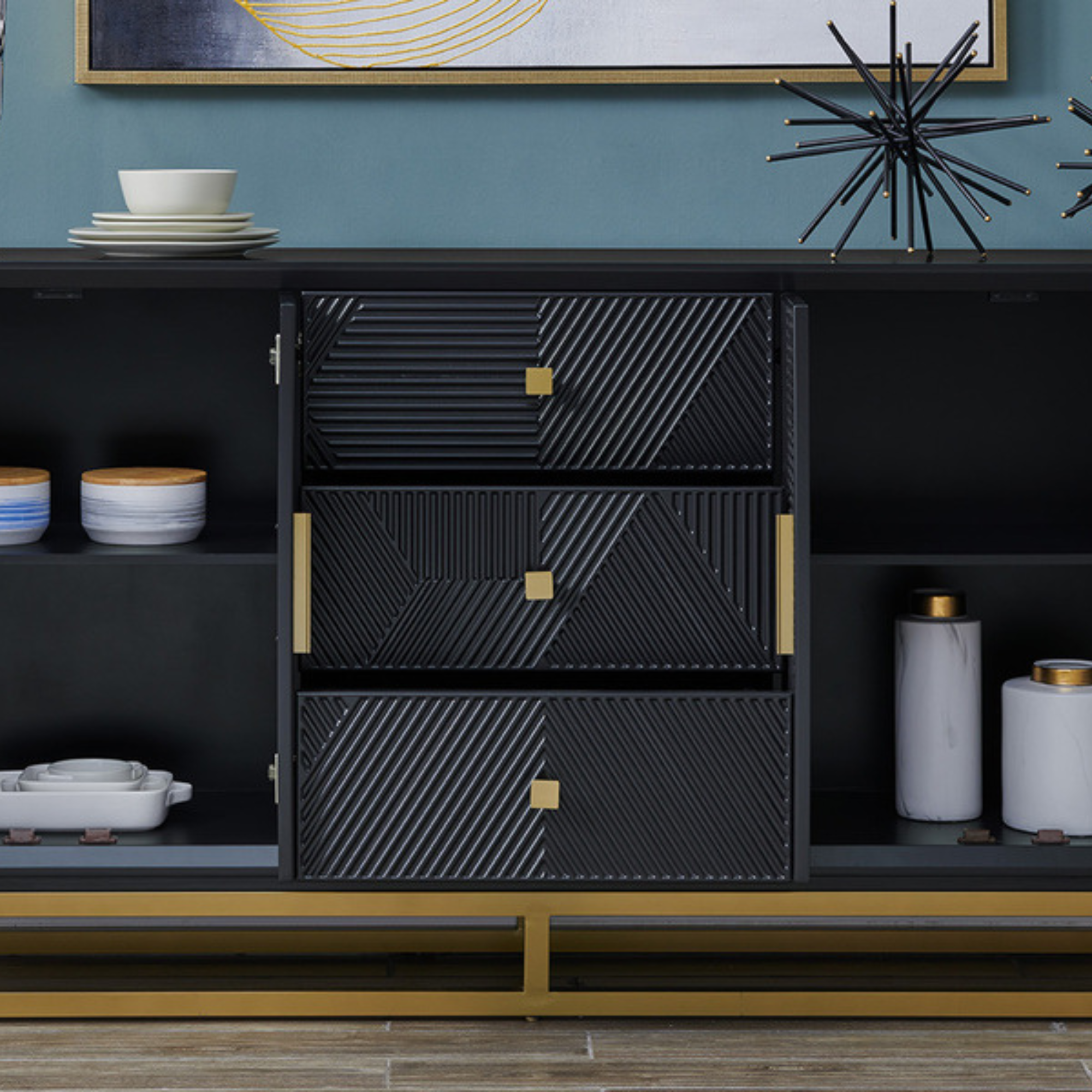 Genoa Black Matte Geometric Sideboard with Gold Metal Accents