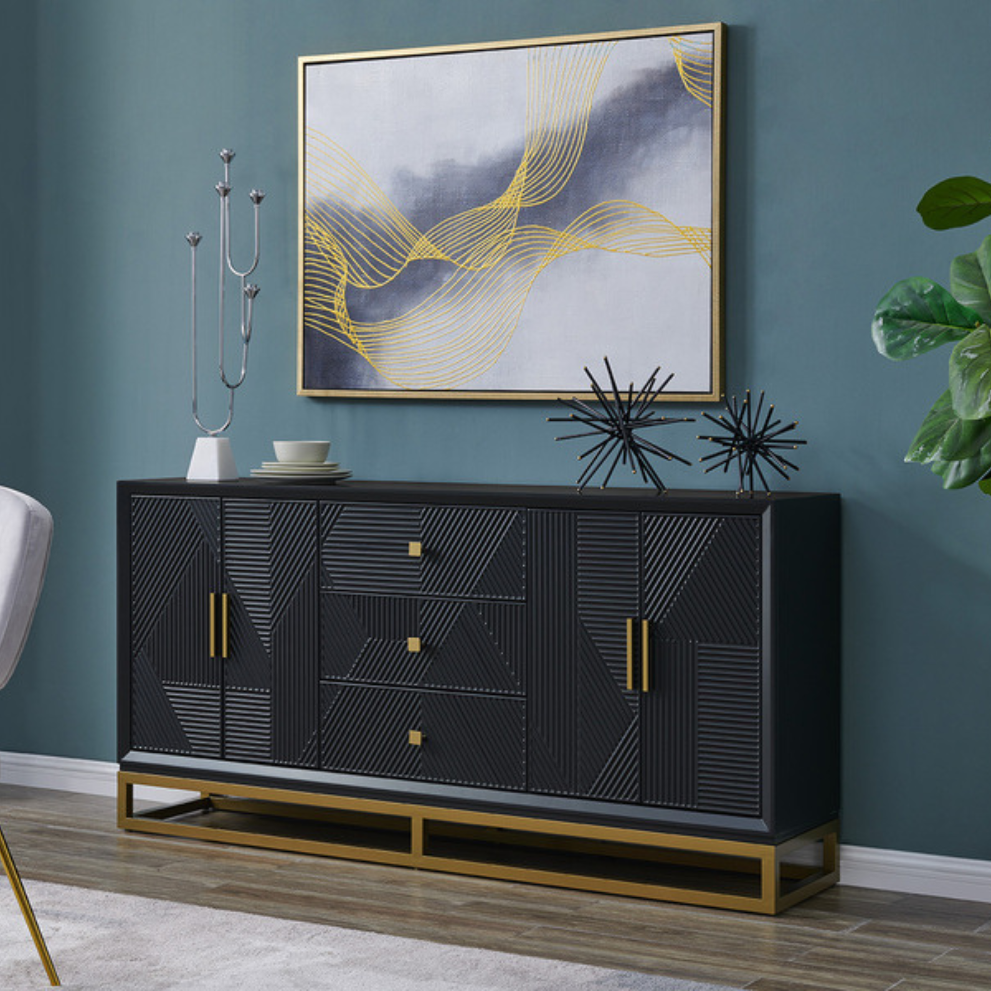 Genoa Black Matte Geometric Sideboard with Gold Metal Accents