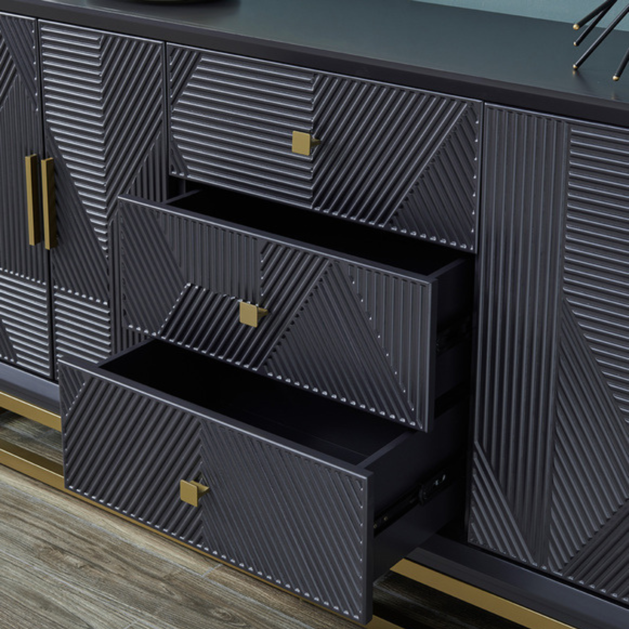 Genoa Black Matte Geometric Sideboard with Gold Metal Accents