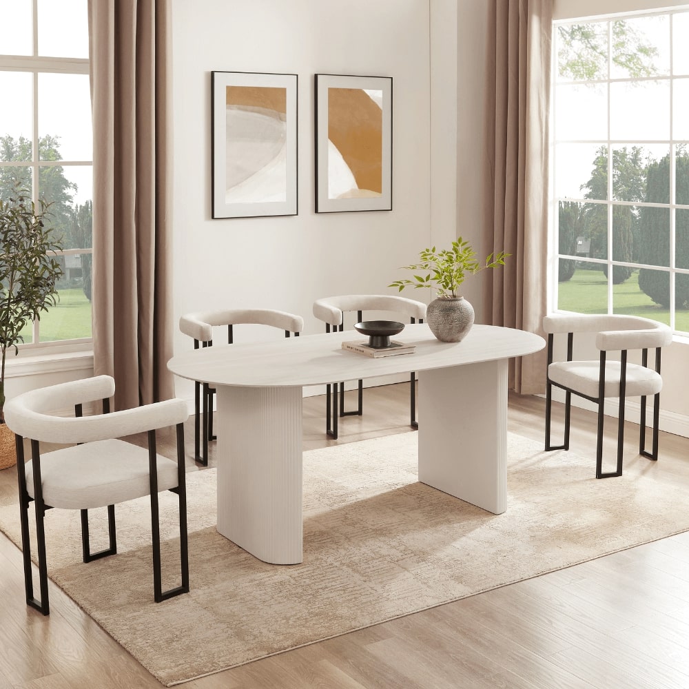 Sofia White Ceramic Dining Set With 6 Celine Cream Chairs