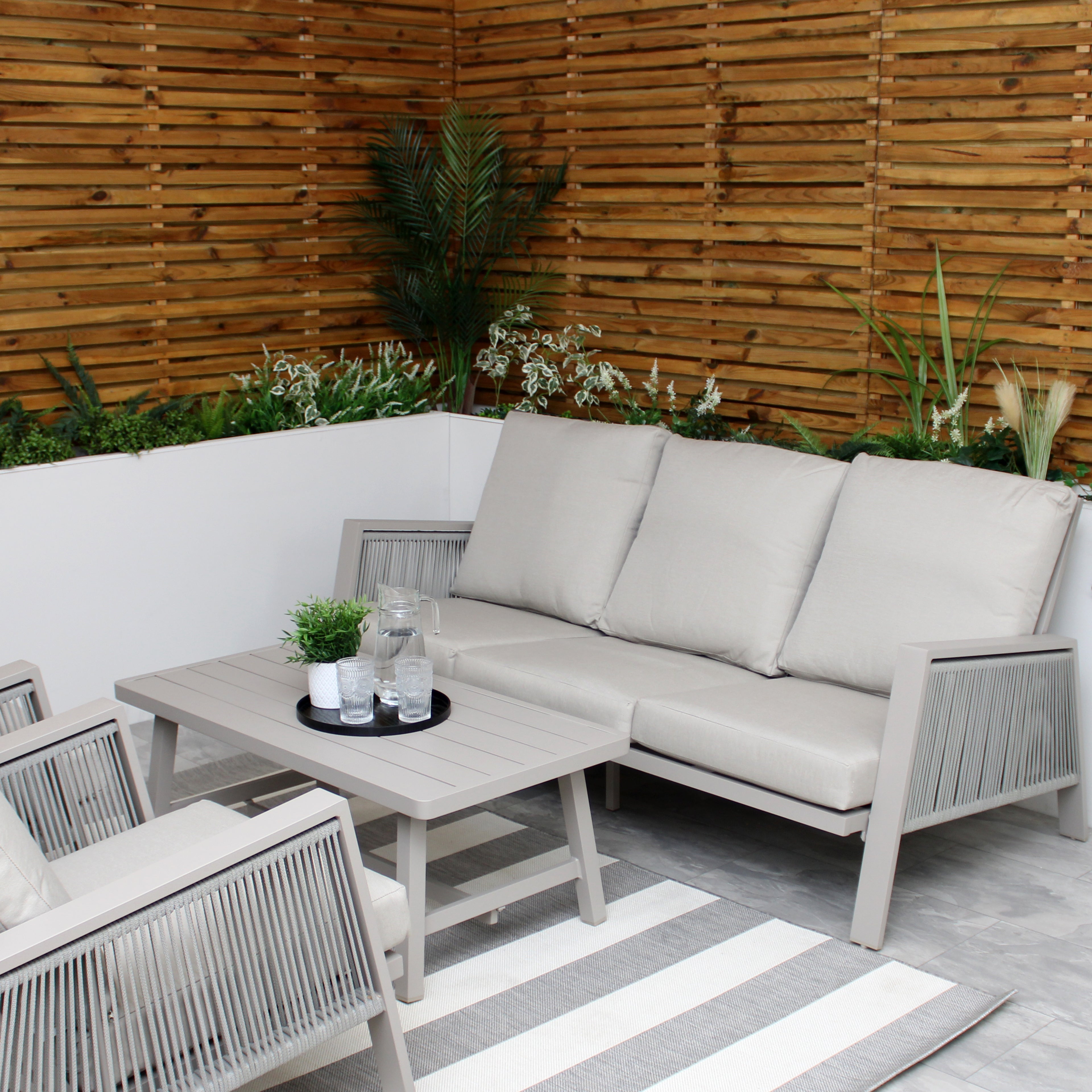 Sicily Beige Aluminium 5 Seater Sofa Set With Beige Cushions