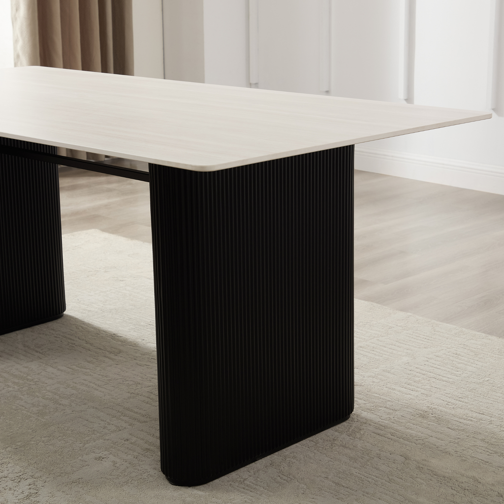 Siena White Ceramic Dining Table with Black Ribbed Base