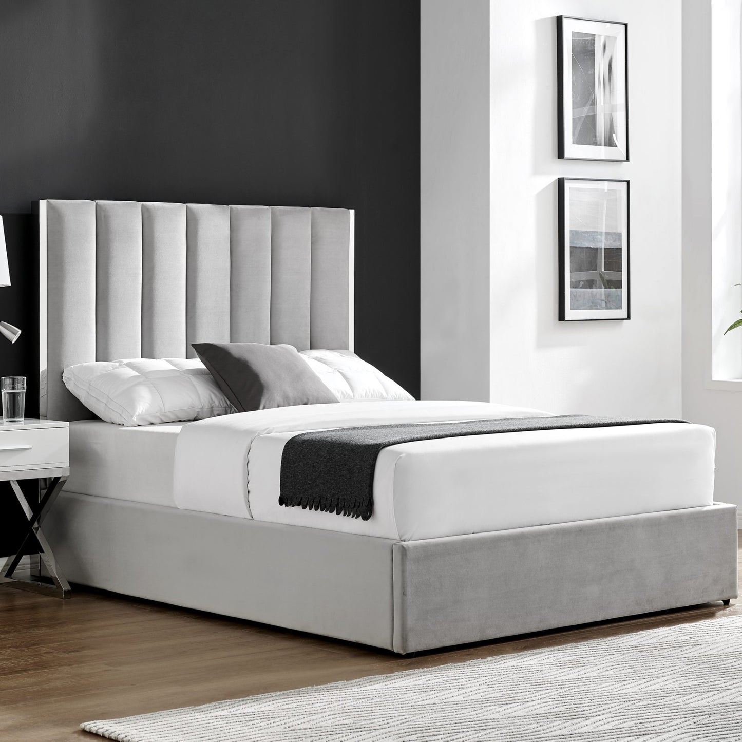 Chloe Grey Bed With Silver Trim And Ottoman Storage