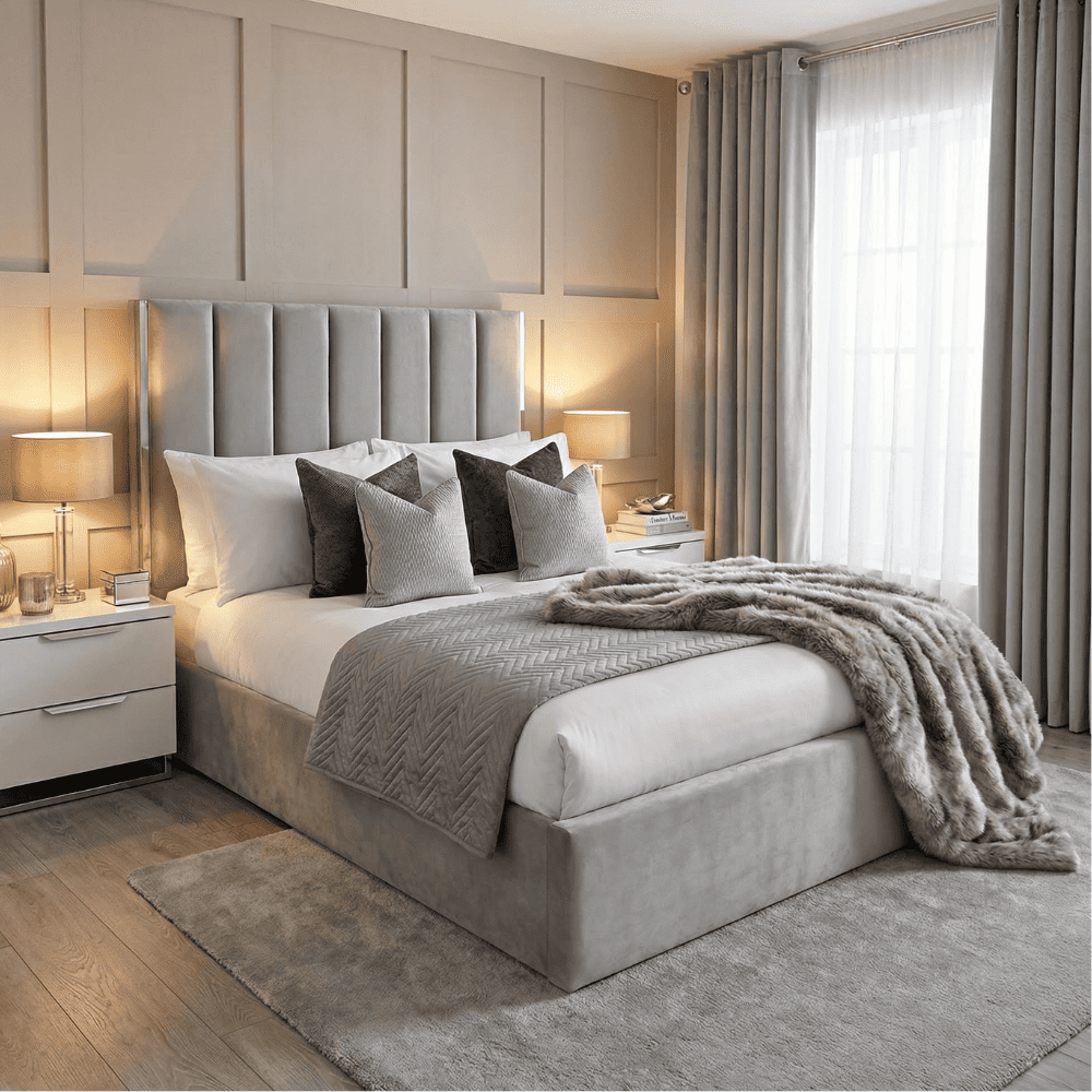 Chloe Light Grey Bed With Silver Trim And Ottoman Storage