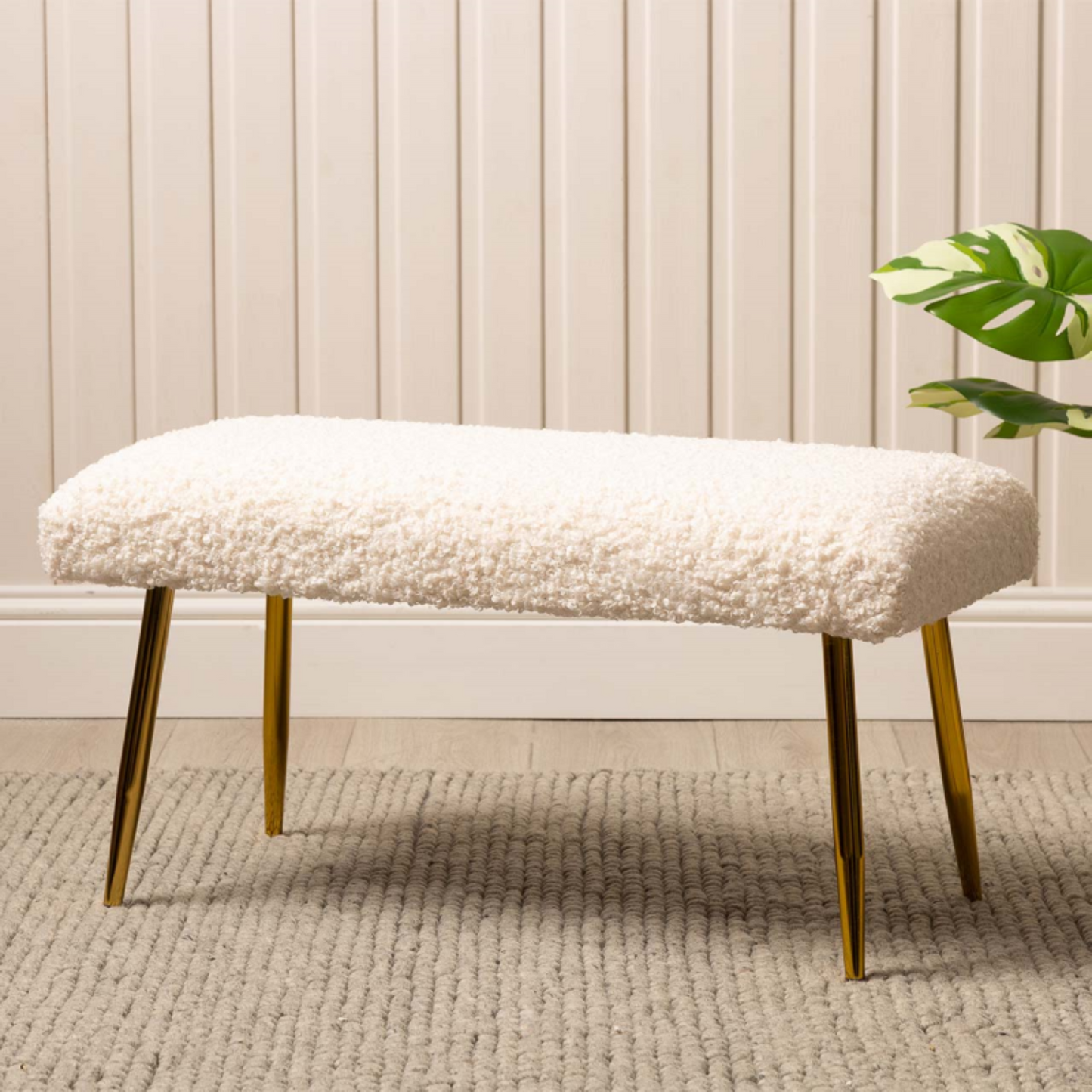 White Fabric Boucle Bench with Gold Legs