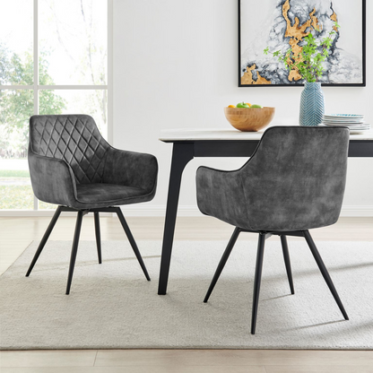 Grey Velvet Swivel Dining Chair with Diamond Stitch Design Black Legs