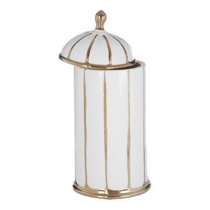 Large White and Gold Cylindrical Jar