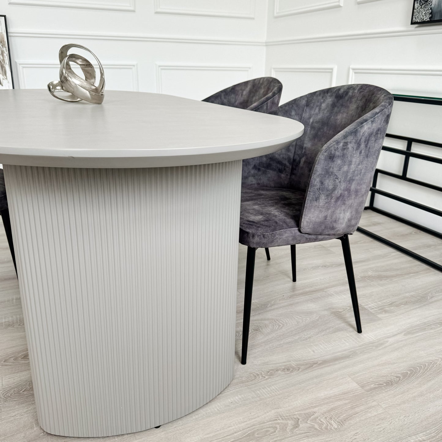 Light Grey Ribbed Wooden Dining Table with Curved Back Dark Grey Velvet Chairs