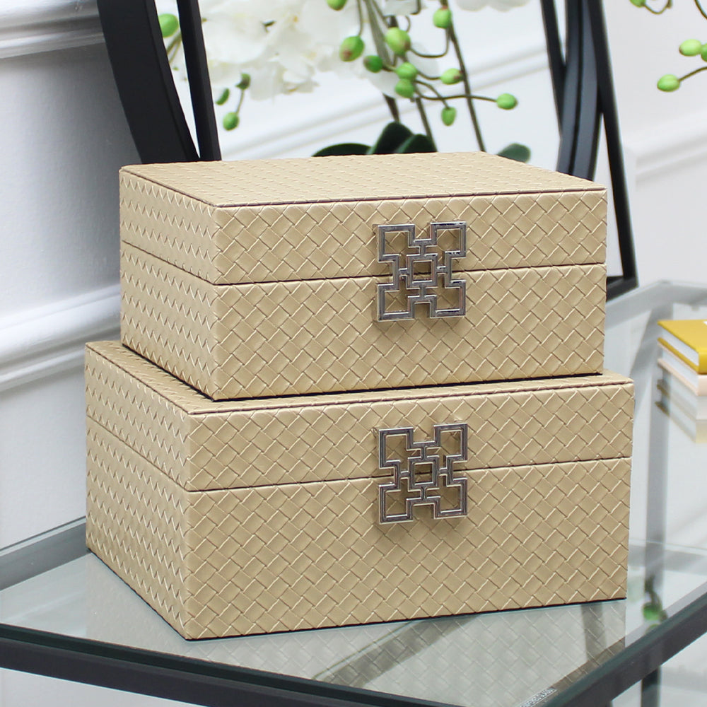 Set of 2 Matte Gold Faux Leather with Silver Handle Jewellery Boxes