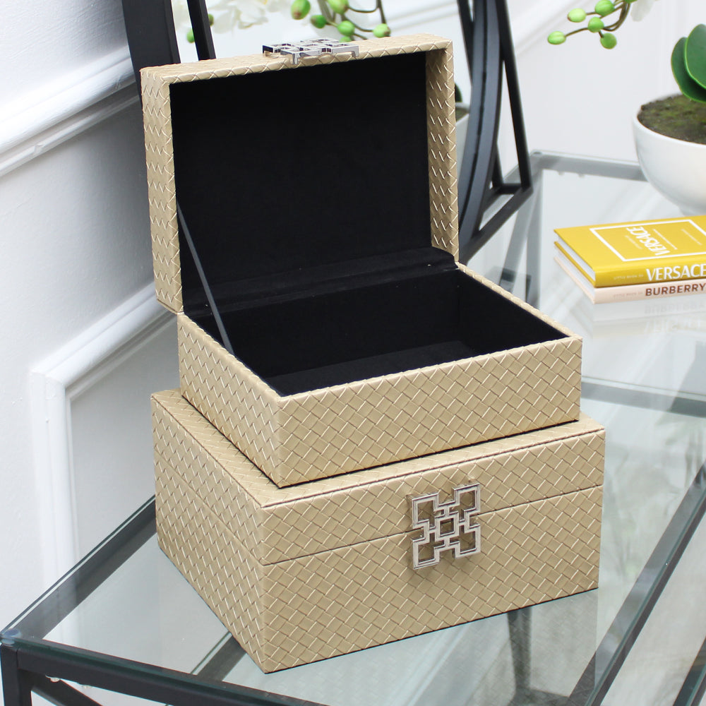 Set of 2 Matte Gold Faux Leather with Silver Handle Jewellery Boxes