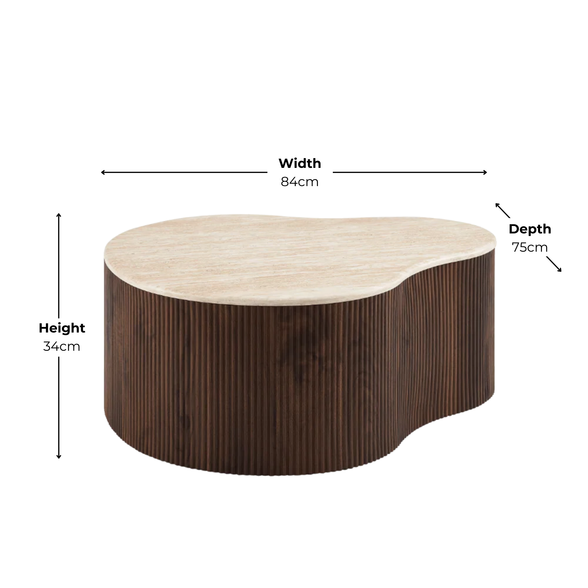 Fariya Ribbed Walnut Wood Coffee Table Set With Travertine Effect