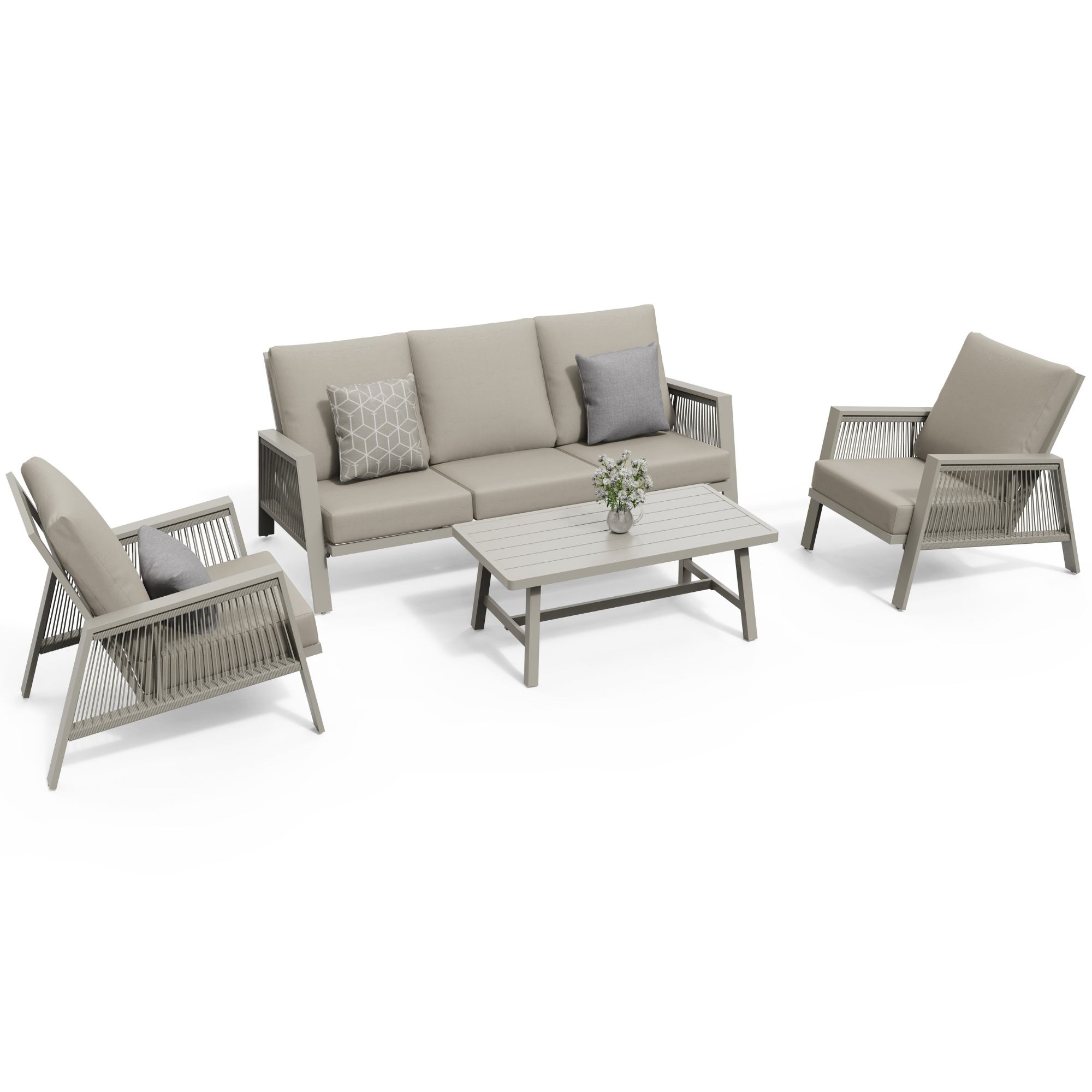 Sicily Beige Aluminium 5 Seater Sofa Set With Beige Cushions