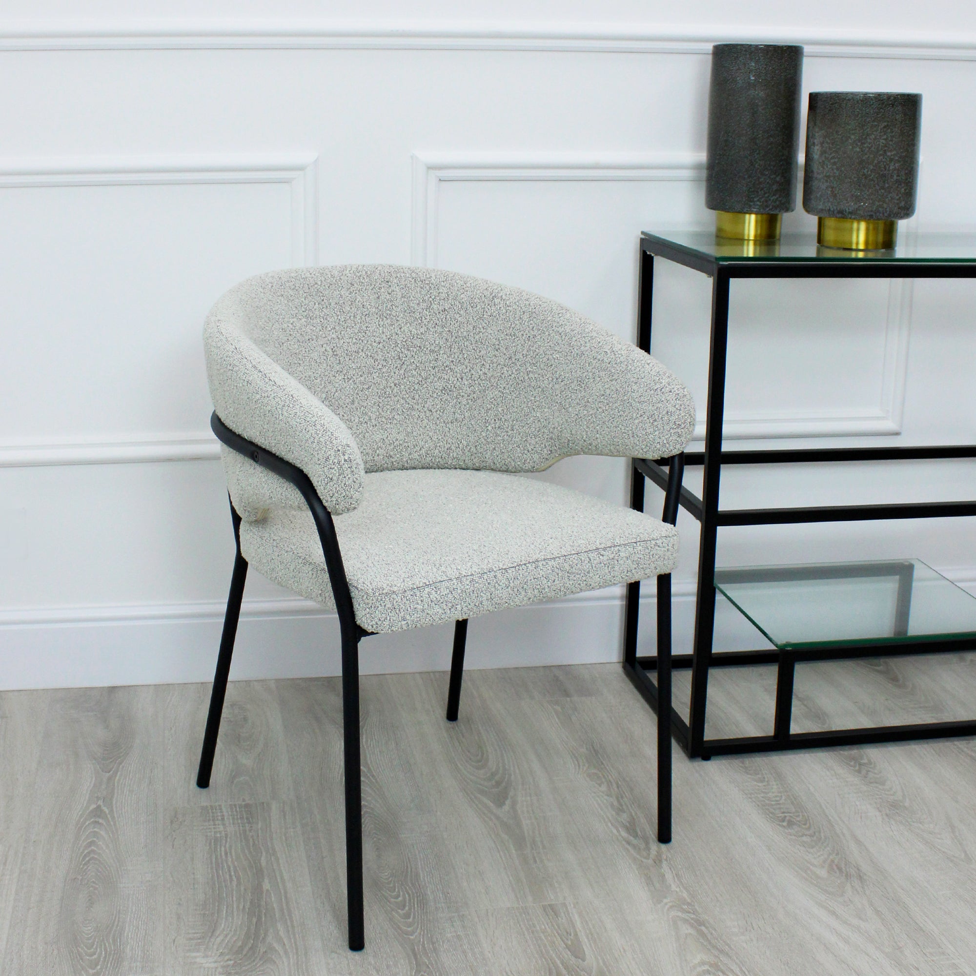 Capri Light Grey Boucle Dining Chair with Sleek Black Frame