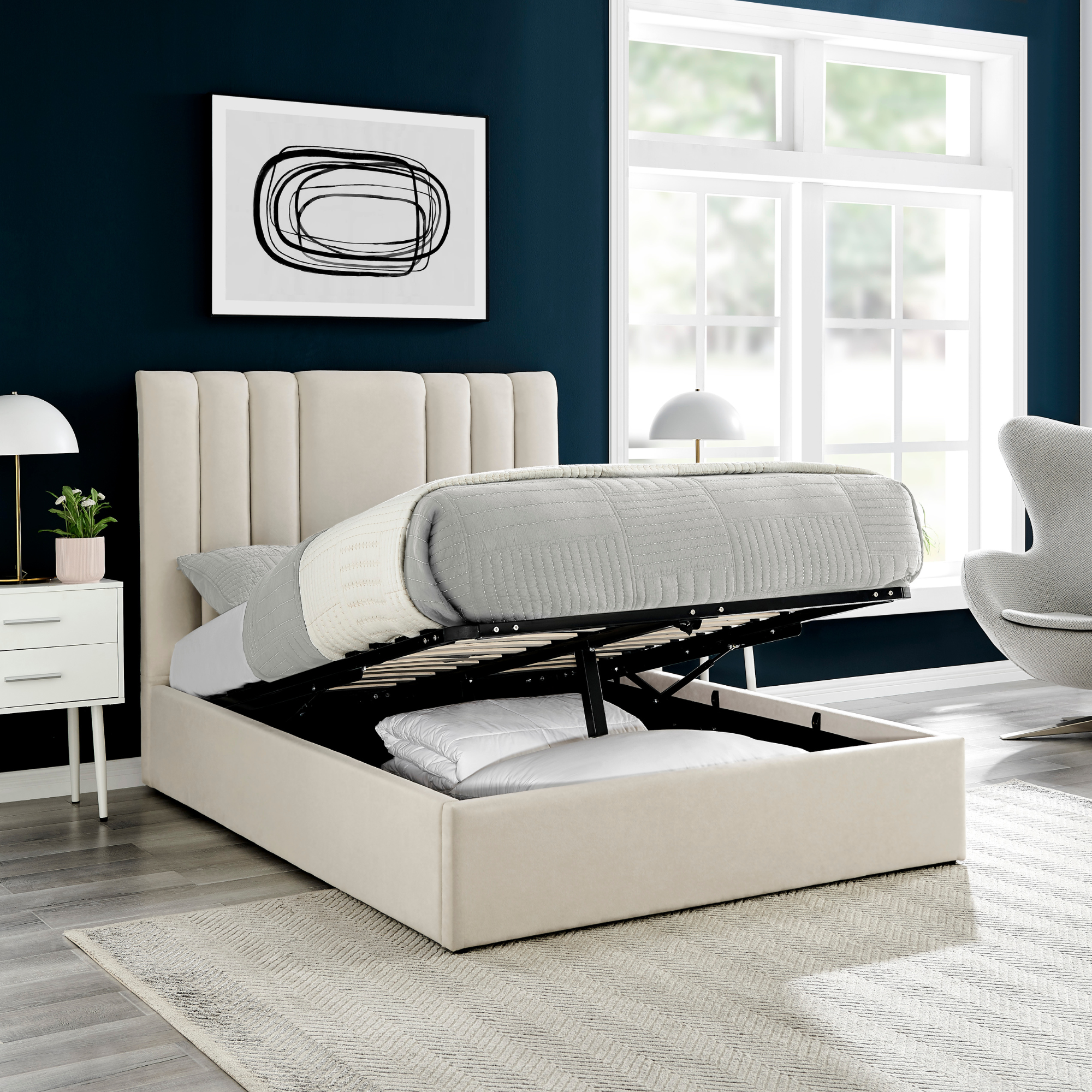 Luna Cream Velvet Bed Ottoman Storage Double 4FT 6