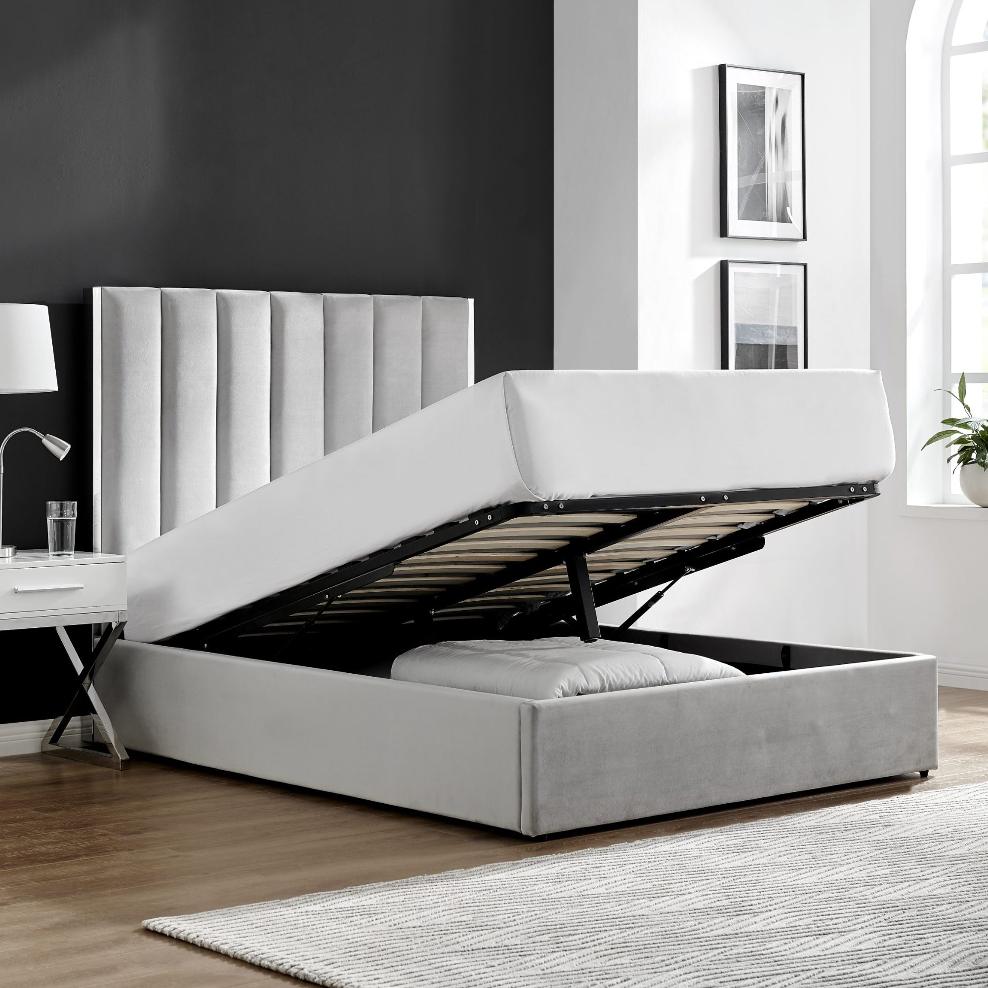 Chloe Light Grey Bed With Silver Trim And Ottoman Storage