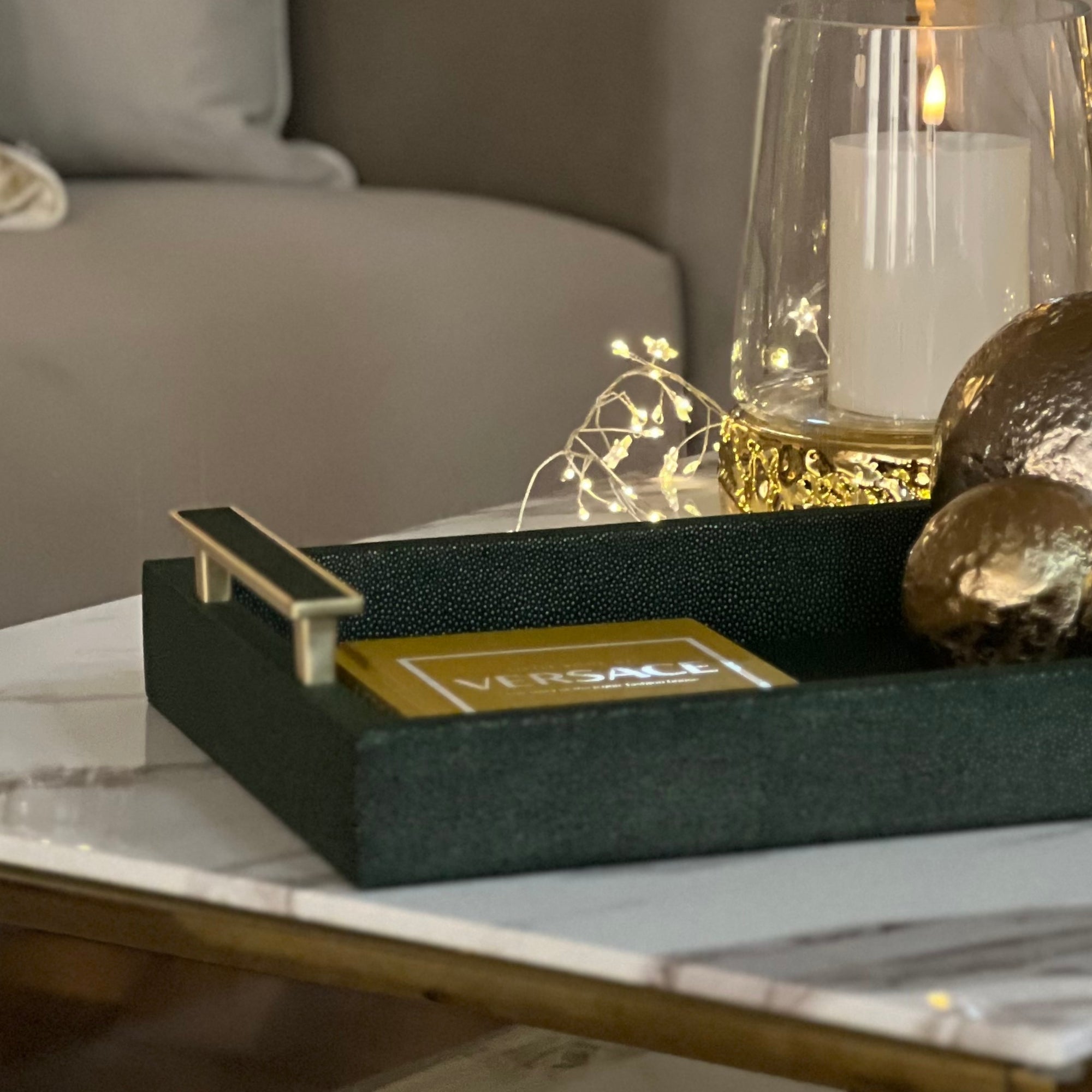 Black and Green Faux Leather Tray with Gold Handles