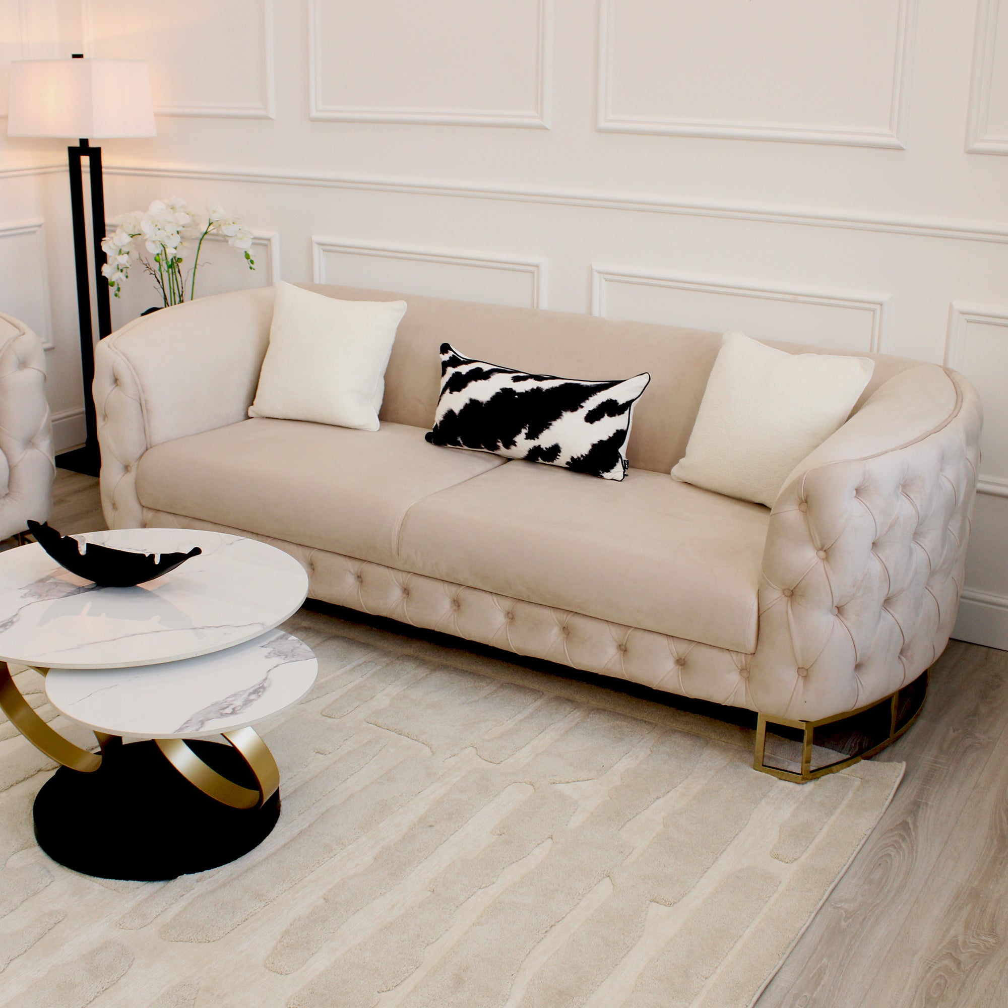 Louise Cream Velvet Sofa With Gold Legs 3 Seater