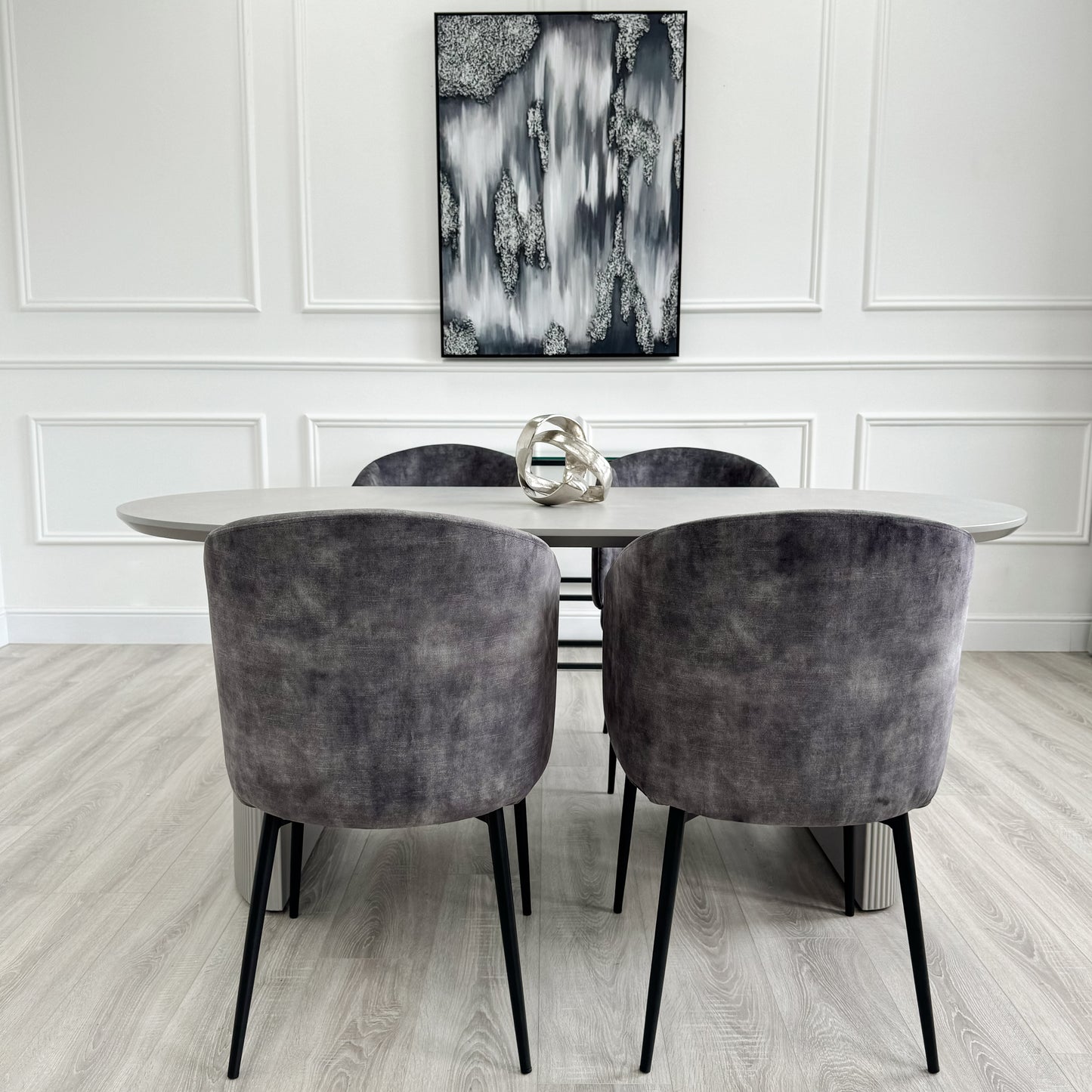 Light Grey Ribbed Wooden Dining Table with Curved Back Dark Grey Velvet Chairs