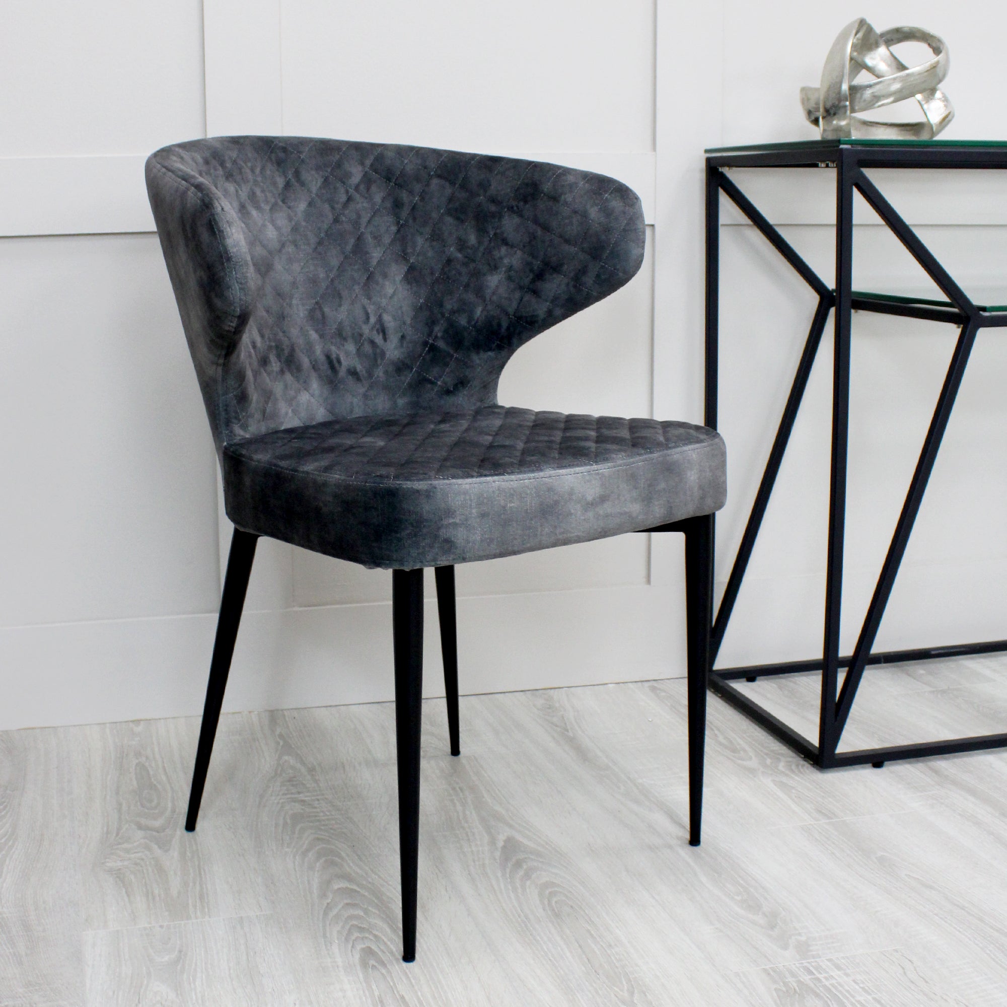 Levi Grey Velvet Dining Chair With Quilting Black Legs