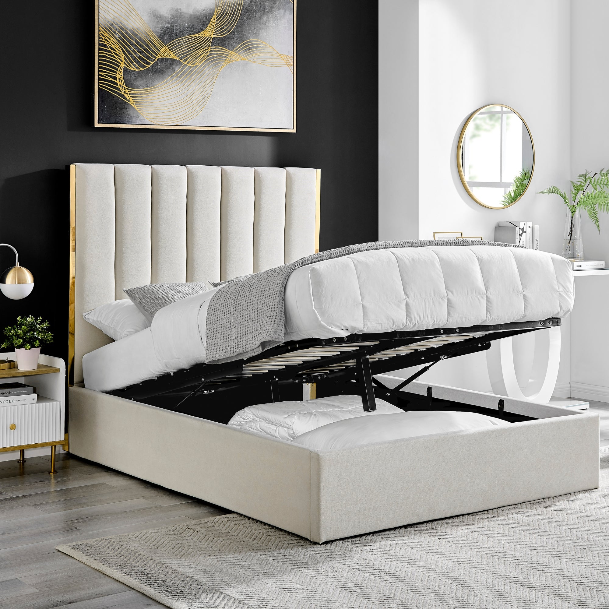 Chloe Beige Bed With Gold Metal Trim And Ottoman Storage