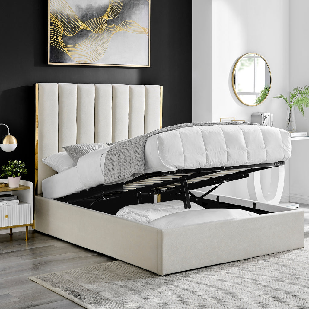 Chloe Beige Bed With Gold Metal Trim And Ottoman Storage
